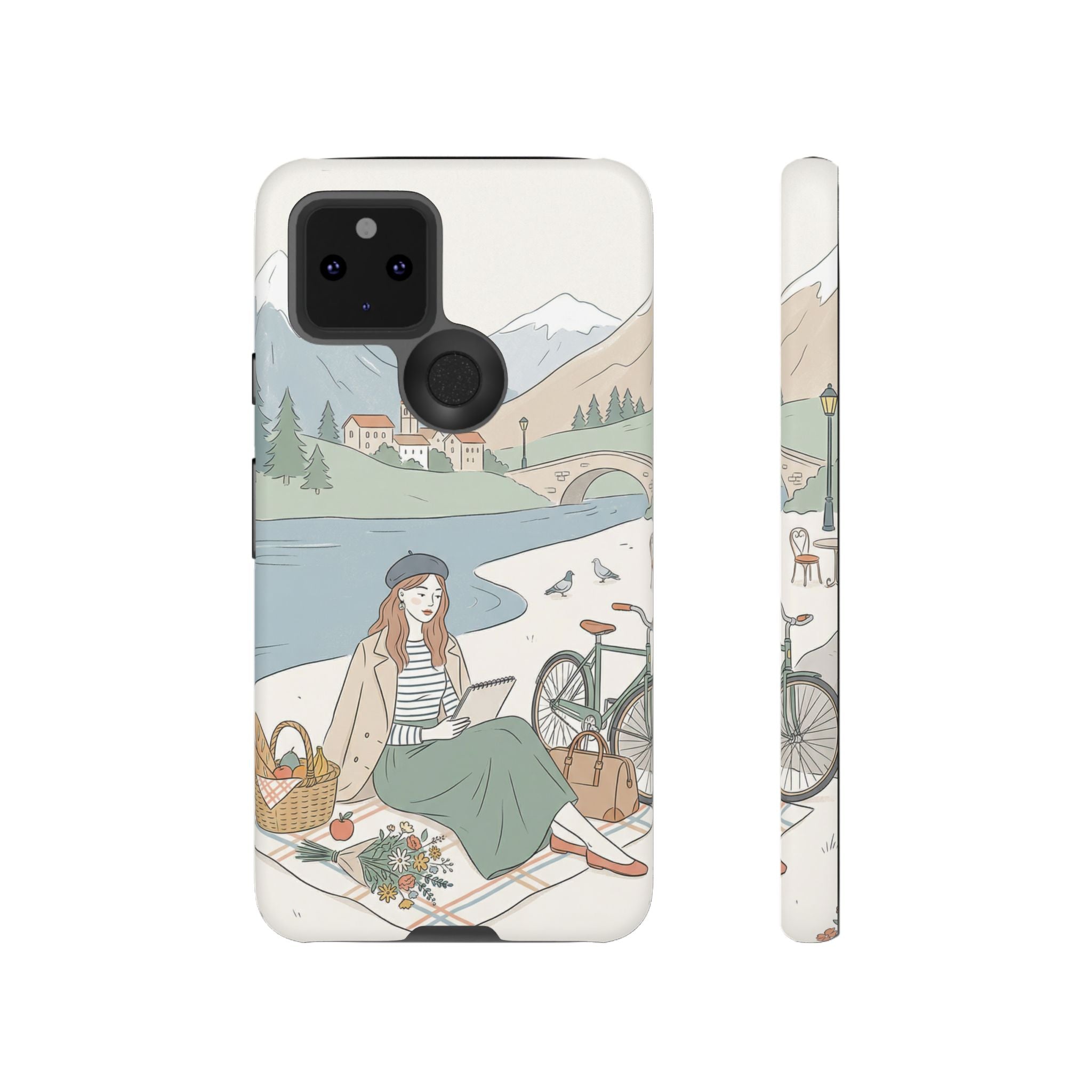 Scenic Picnic Google Pixel Phone Case | Vintage Bicycle & Mountain Illustration