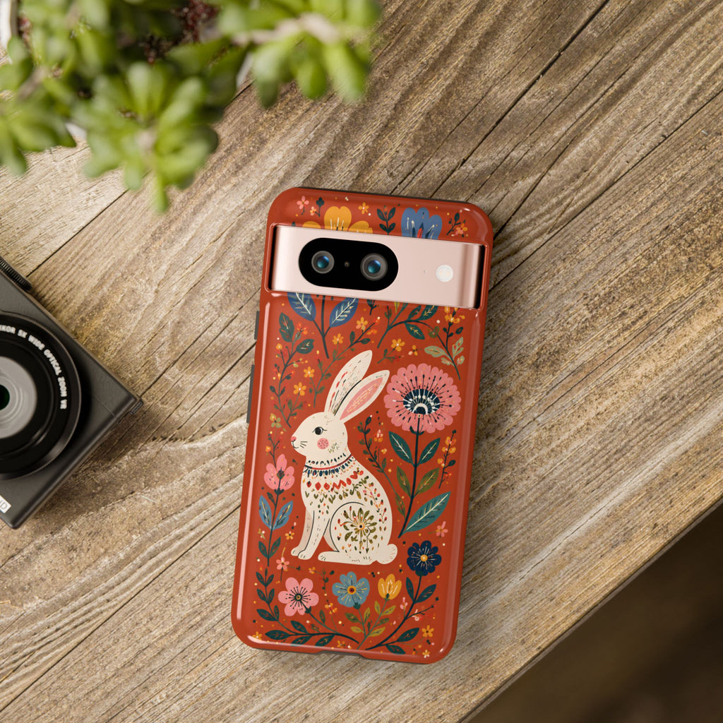 Floral Rabbit Tough Google Pixel Phone Case | Protective Phone Case with Folk Art Bunny Design
