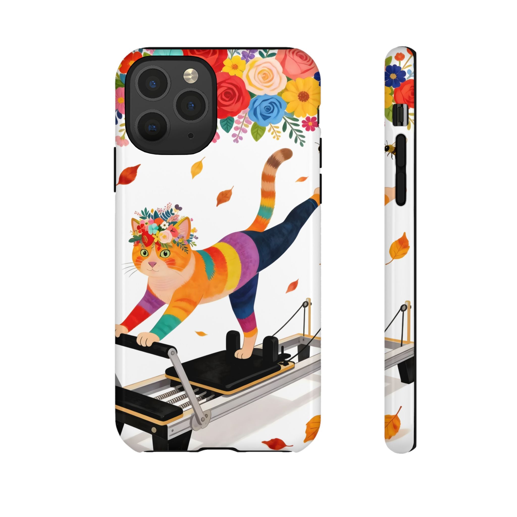Cat Pilates iPhone Case | Floral Rainbow Cat on Reformer