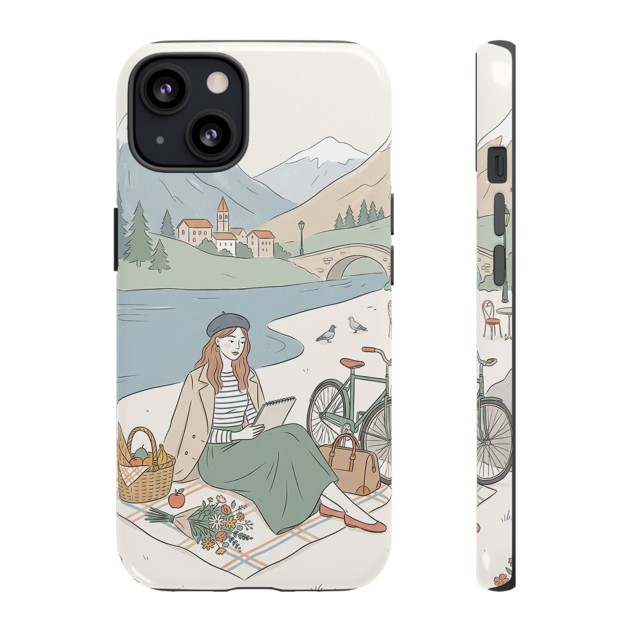 Scenic Picnic iPhone Case | Vintage Bicycle & Mountain Illustration