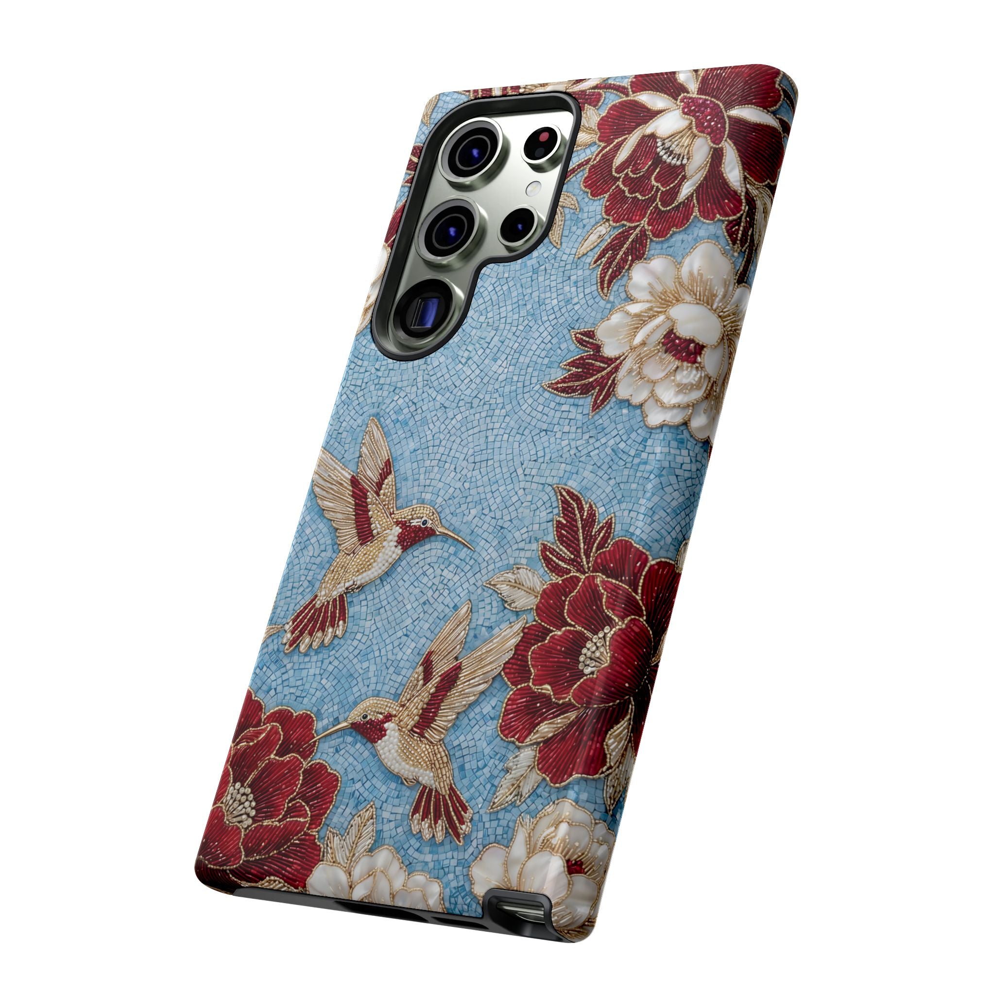 Floral Hummingbird Tough Samsung Galaxy Phone Case | Vintage Blue & Burgundy Botanical Design