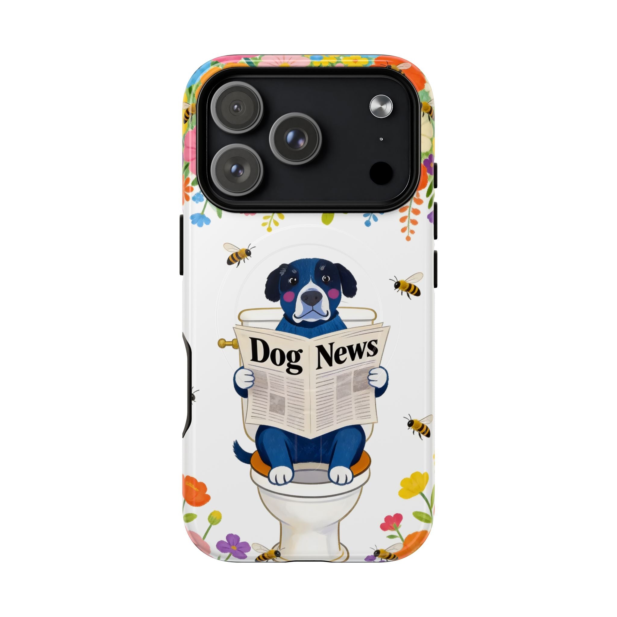 Dog News Floral MagSafe iPhone Case | Cute Dog on Toilet Pattern, Spring Floral iPhone Cover