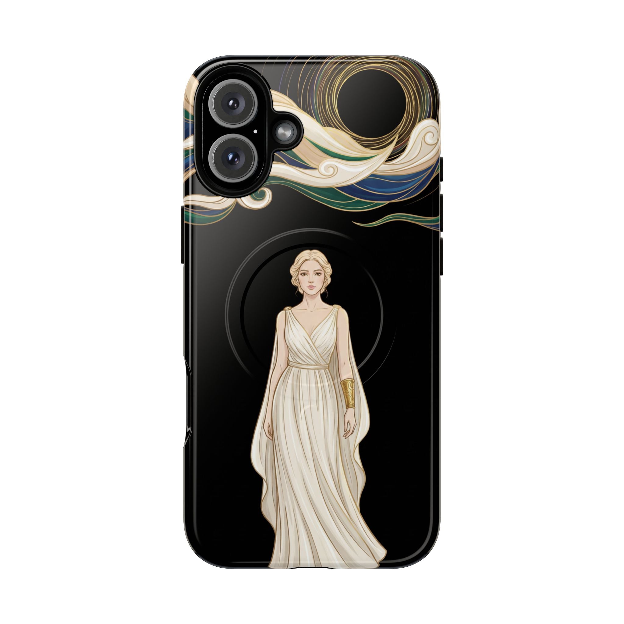 Art Nouveau Goddess MagSafe iPhone Case | Elegant Woman Illustration on Black