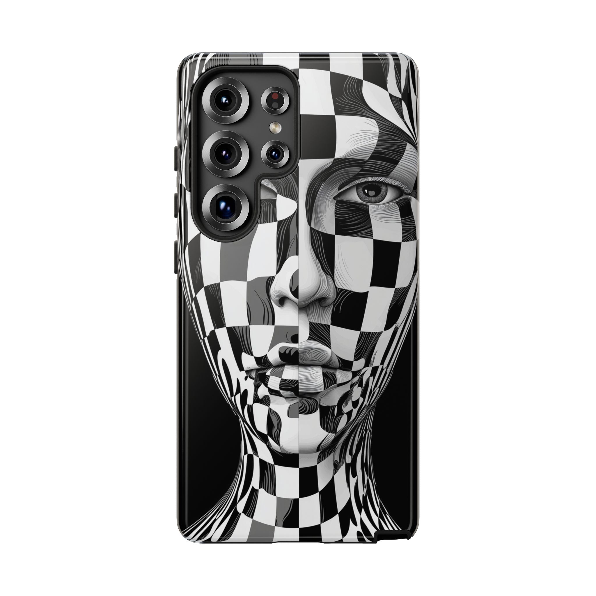 Checkerboard Face Tough Samsung Galaxy Case — Black & White Surreal Art Protective Cover