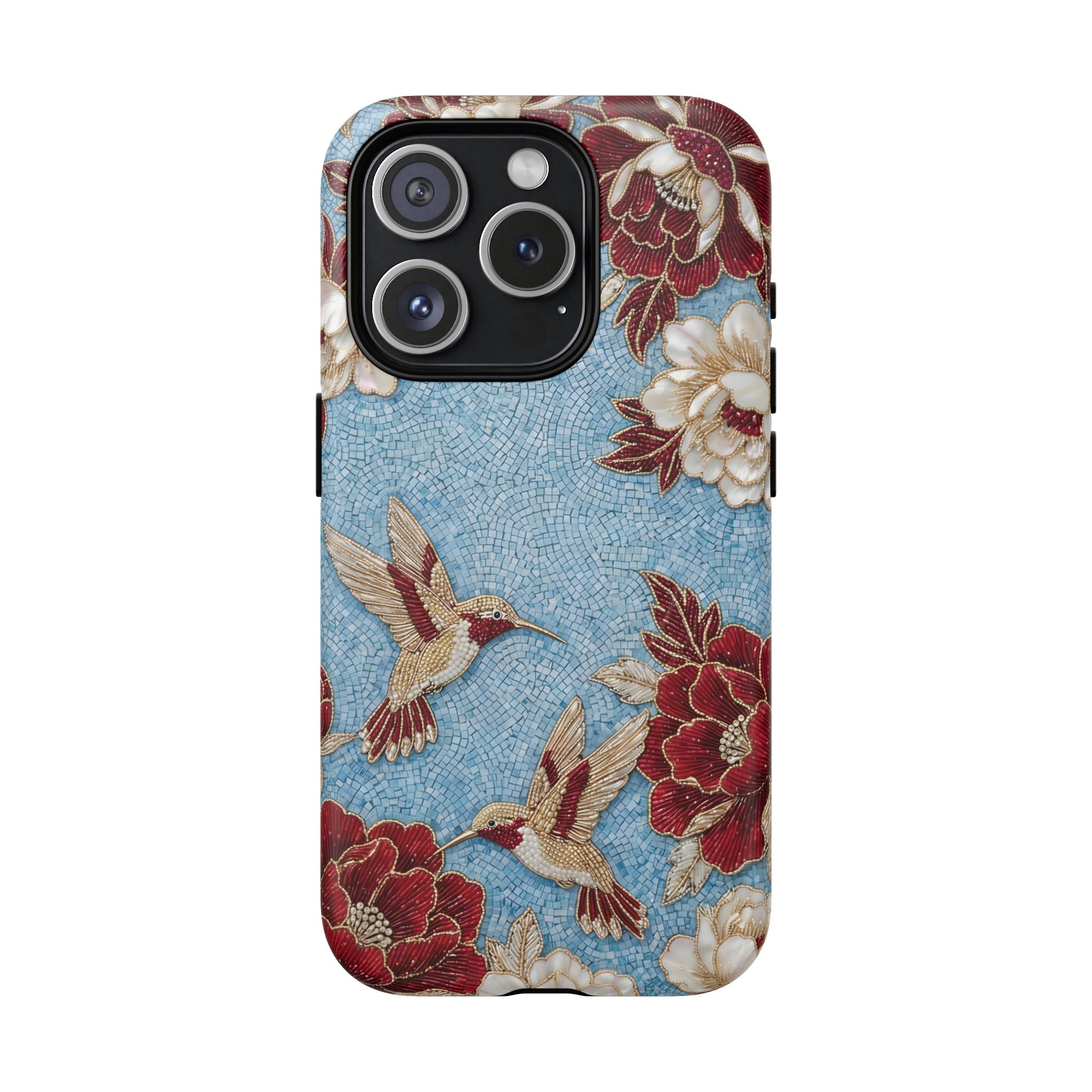 Floral Hummingbird Tough MagSafe iPhone Case | Vintage Blue & Burgundy Botanical Design