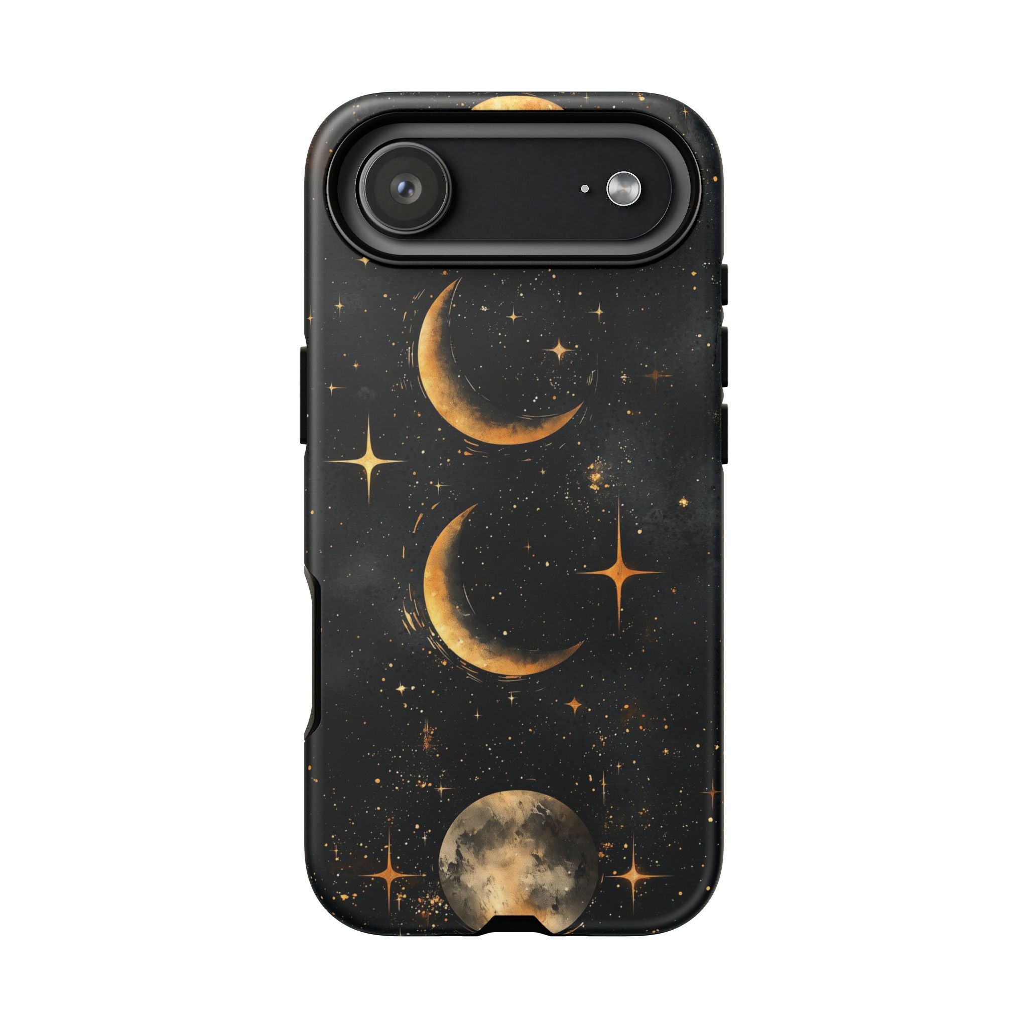 Celestial Moon Phases Tough iPhone Case | Gold Crescent & Full Moon Galaxy Design