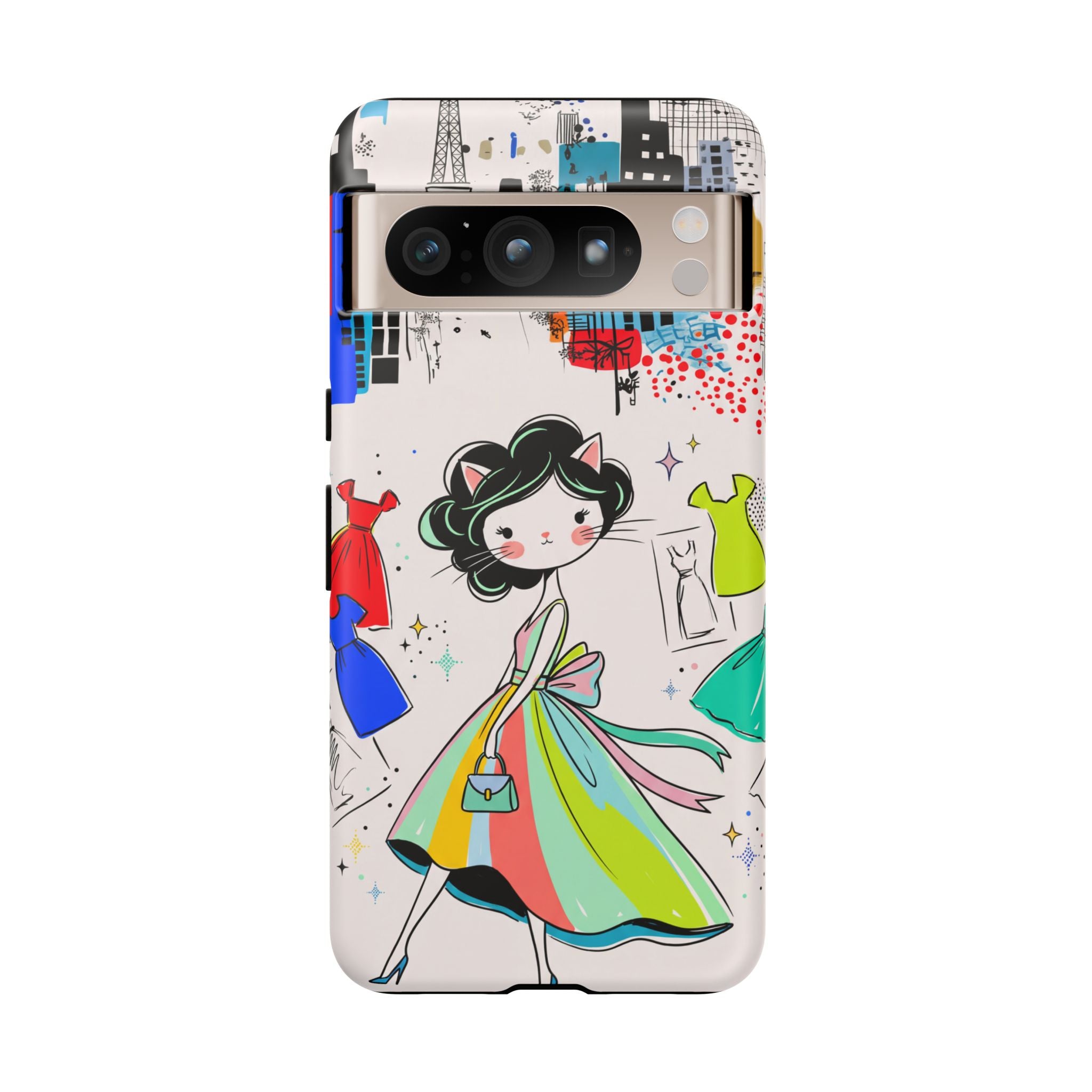 Retro Fashion Cat Girl Google Pixel Phone Case | Cute Dress & City Print