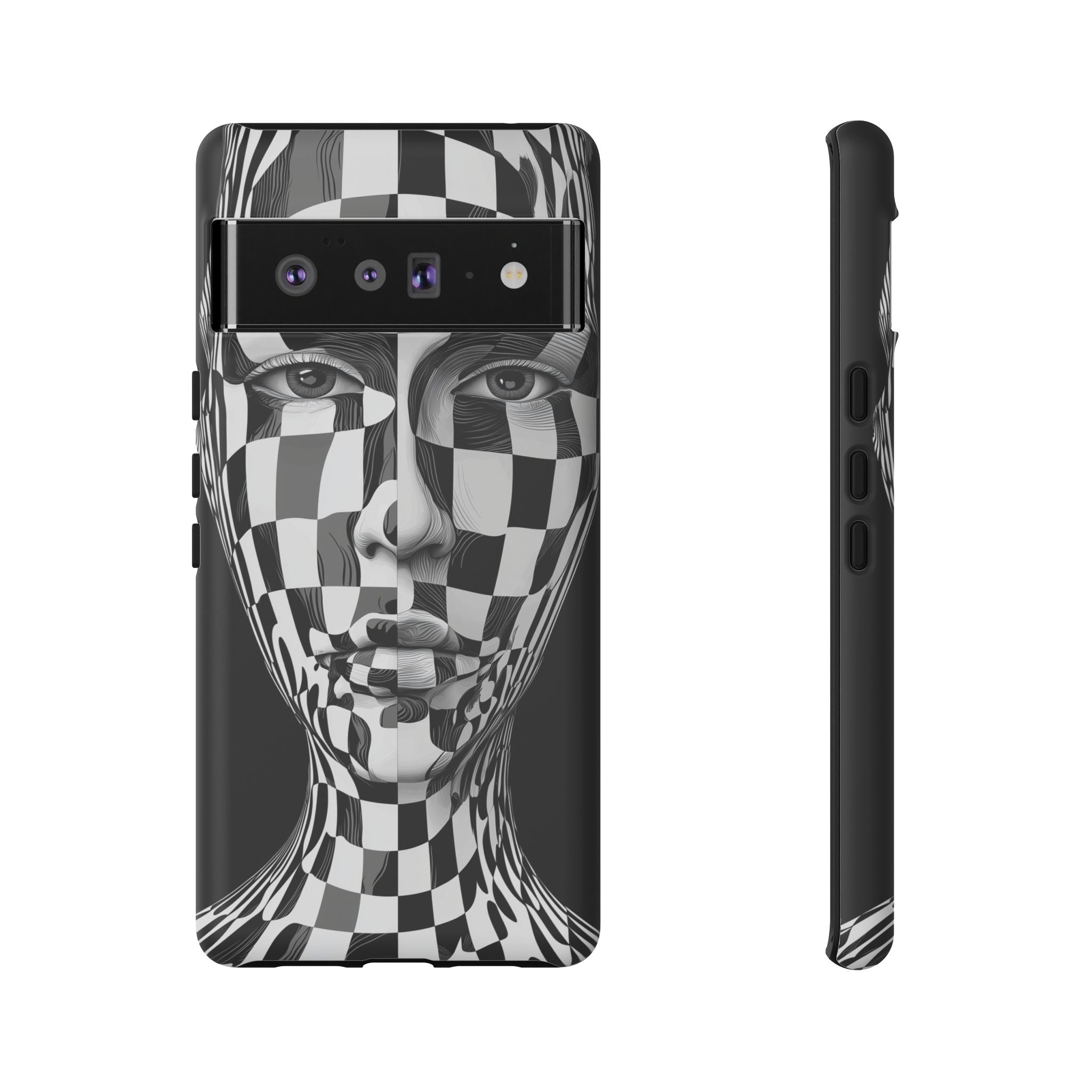 Checkerboard Face Tough Google Pixel Case — Black & White Surreal Art Protective Cover