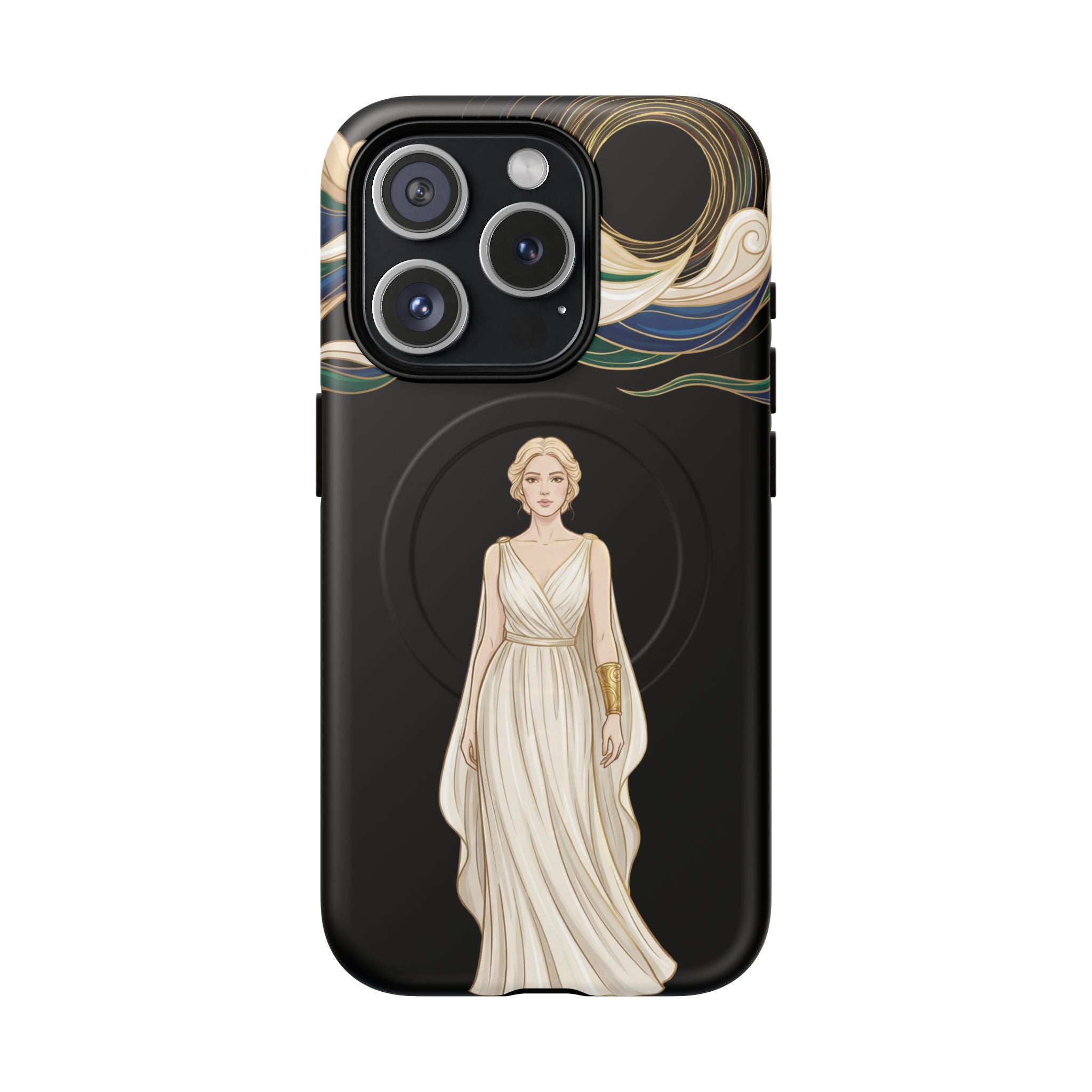 Art Nouveau Goddess MagSafe iPhone Case | Elegant Woman Illustration on Black