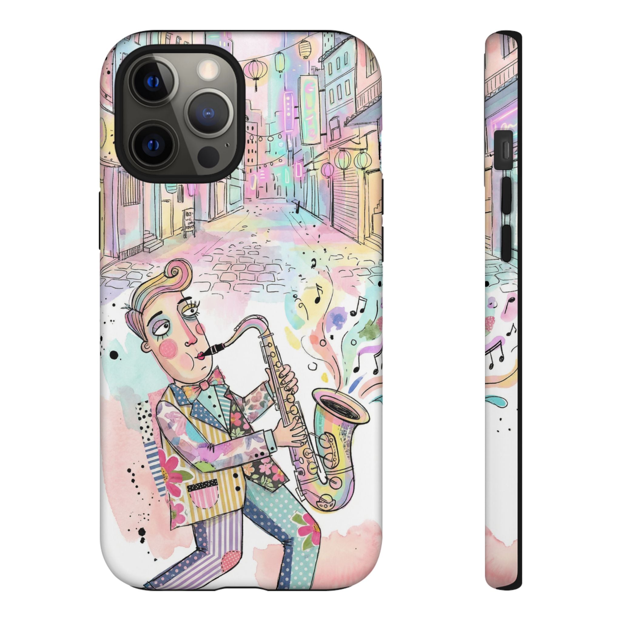 Sax Player Art iPhone Case | Pastel Jazz Street Illustration