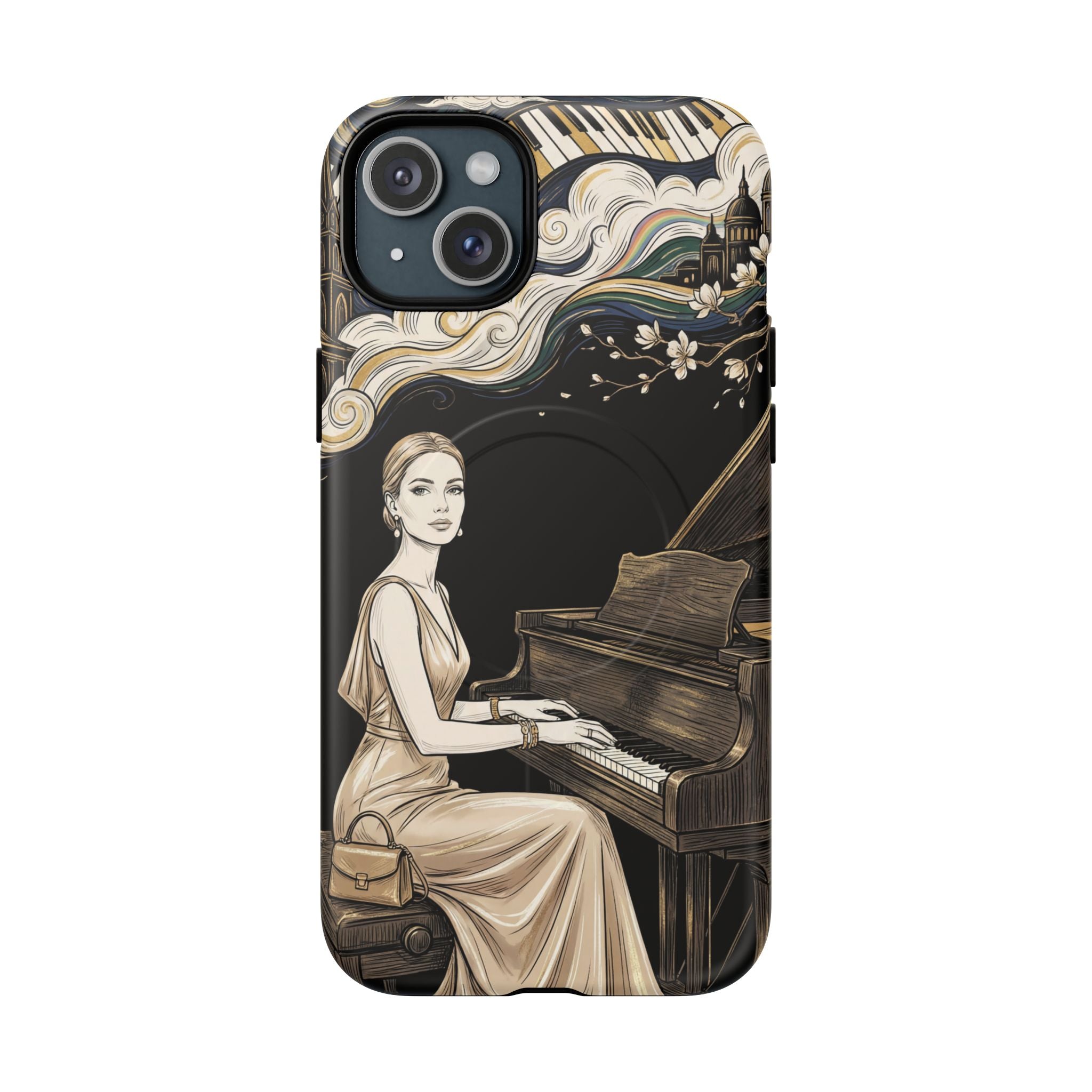 Elegant Piano Woman MagSafe iPhone Case | Vintage Art Deco Music Design