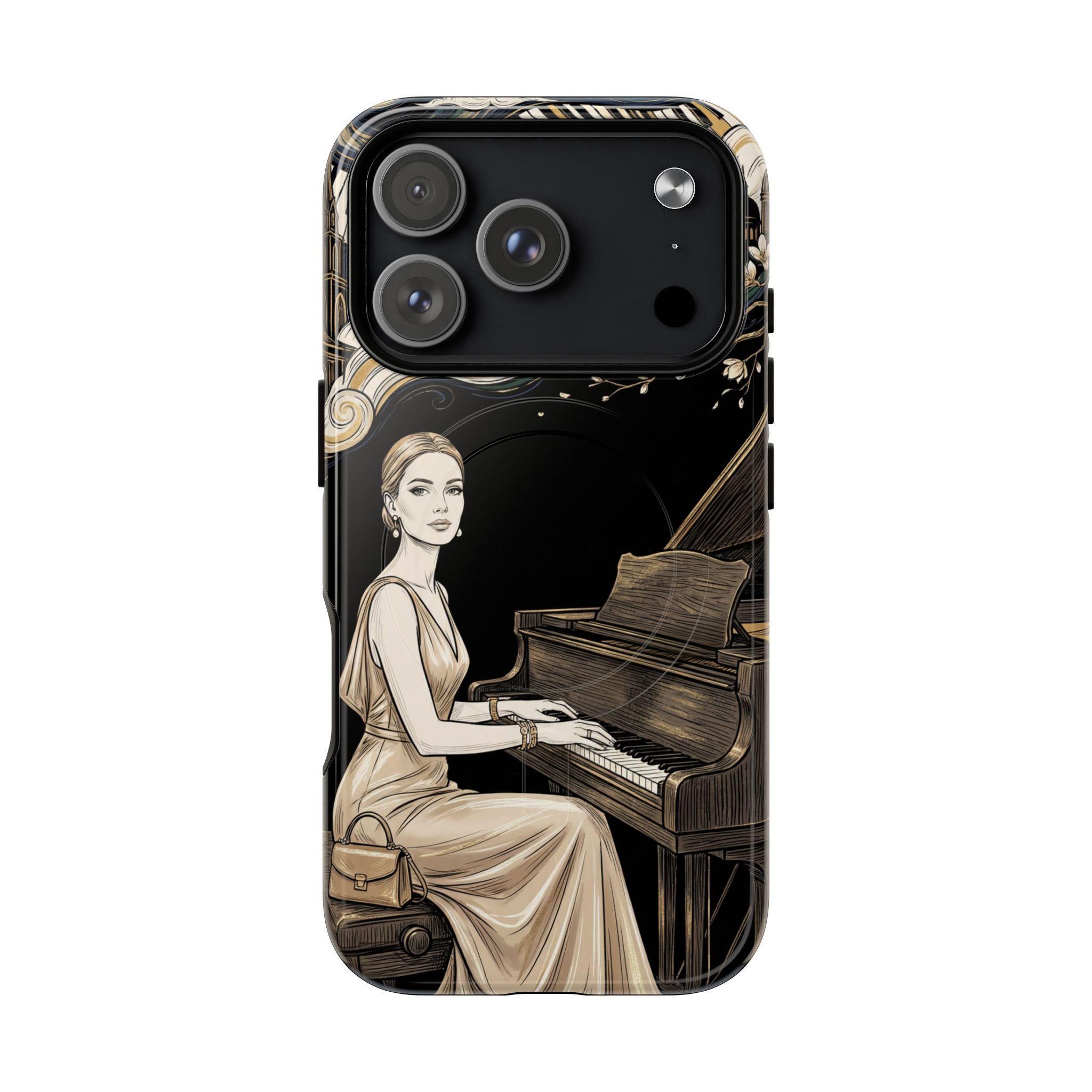 Elegant Piano Woman MagSafe iPhone Case | Vintage Art Deco Music Design
