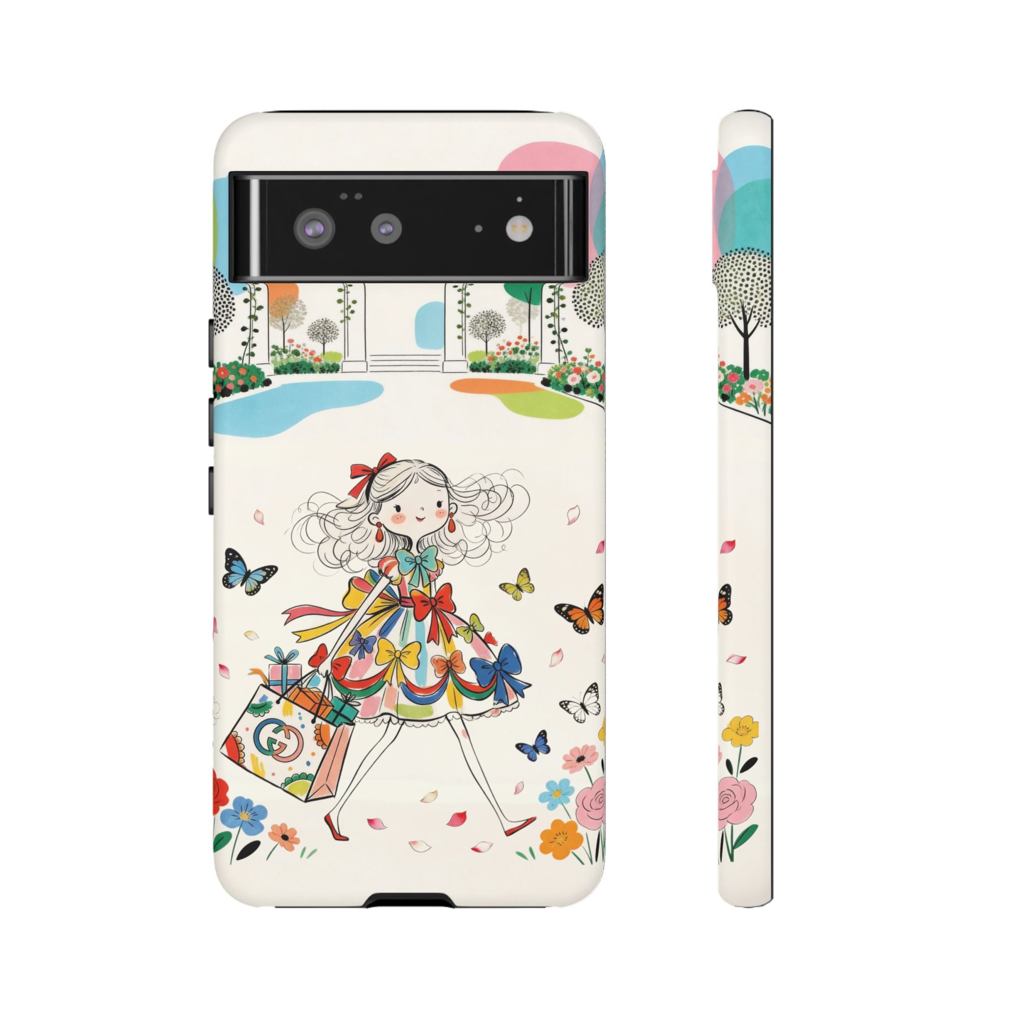 Whimsical Shopping Girl Google Pixel Phone Case | Cute Floral Butterfly Tough Case