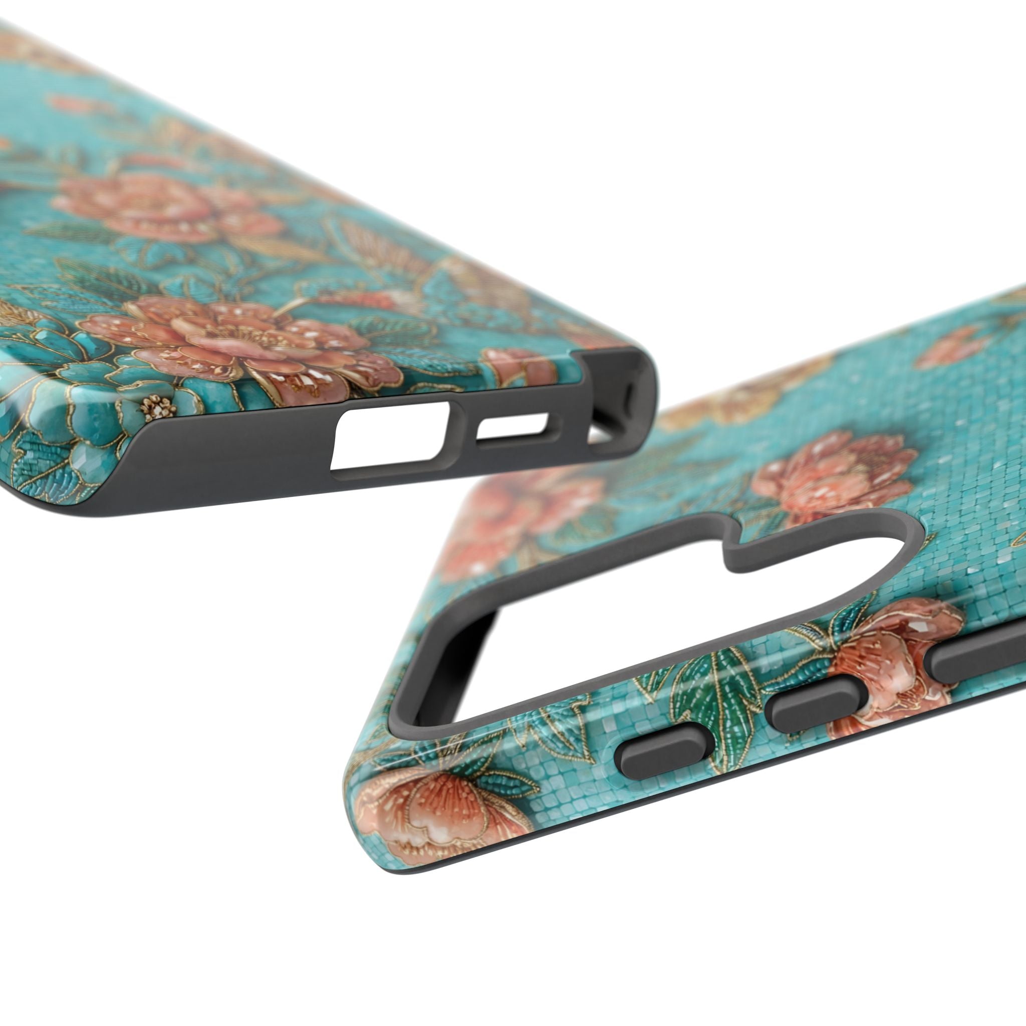 Floral Hummingbird Tough Samsung Galaxy Phone Case | Turquoise Embroidered Garden Design