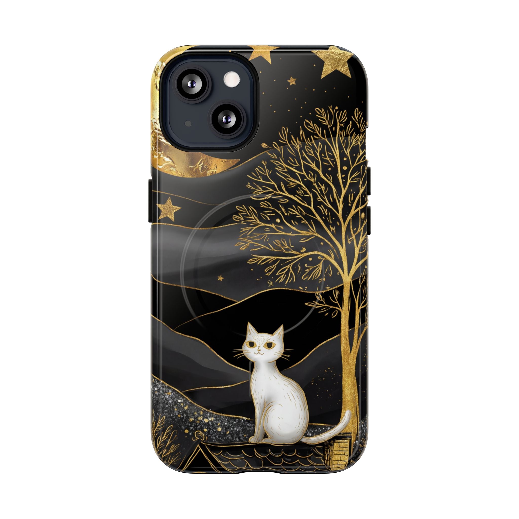 Custodia per iPhone Moonlit Cat | Custodia resistente MagSafe nera e oro