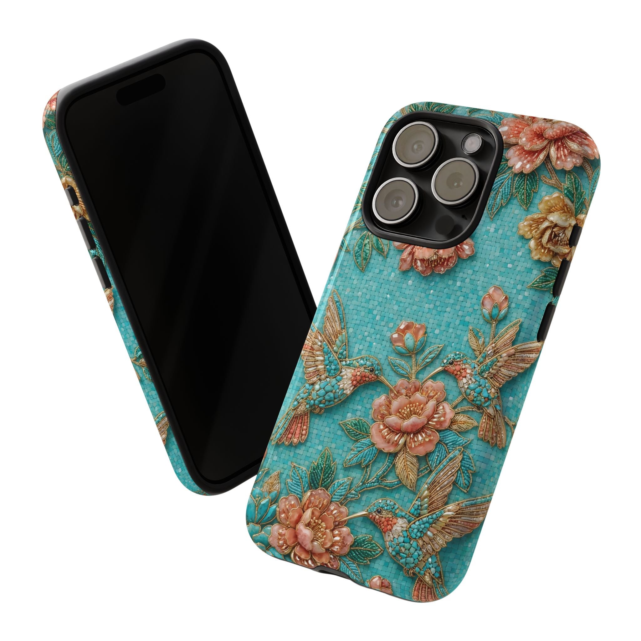 Floral Hummingbird Tough iPhone Case | Turquoise Embroidered Garden Design