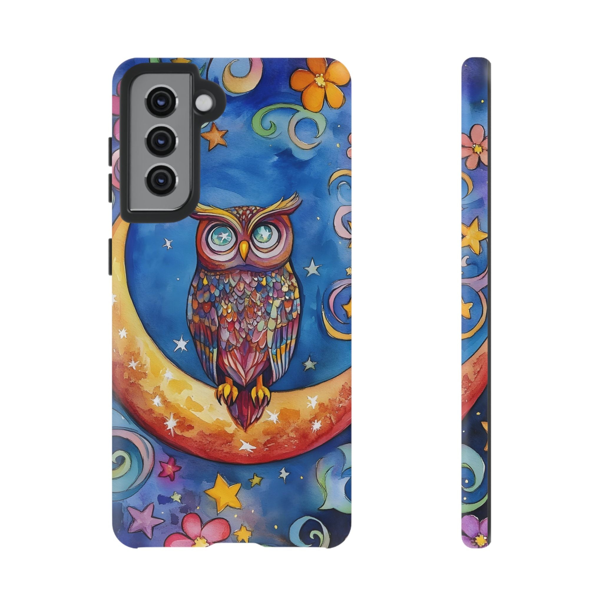 Owl on Crescent Moon Samsung Galaxy Case — Colourful Whimsical Night Sky Design