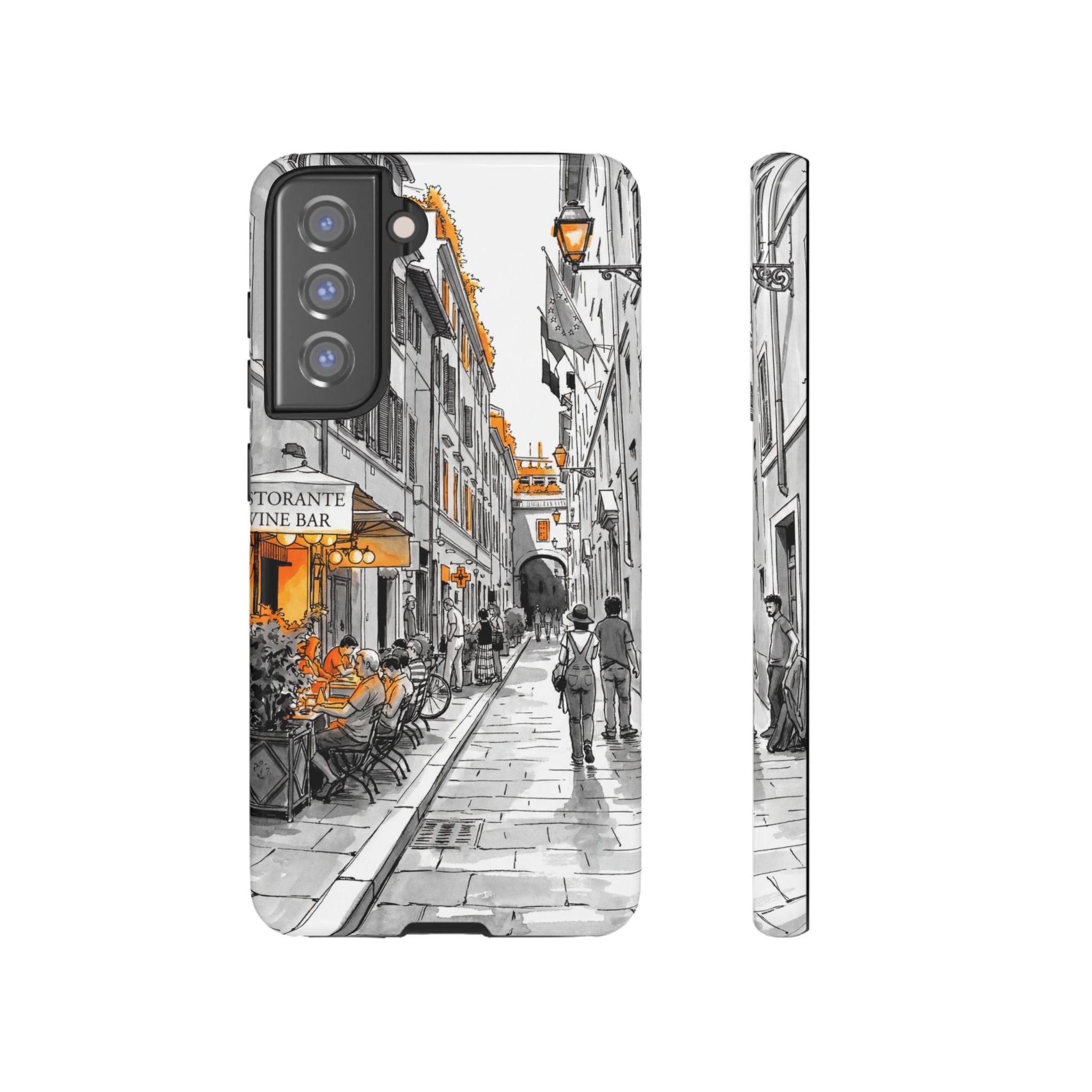 Italy Street Samsung Galaxy Case | Black & White Cityscape with Orange Accents