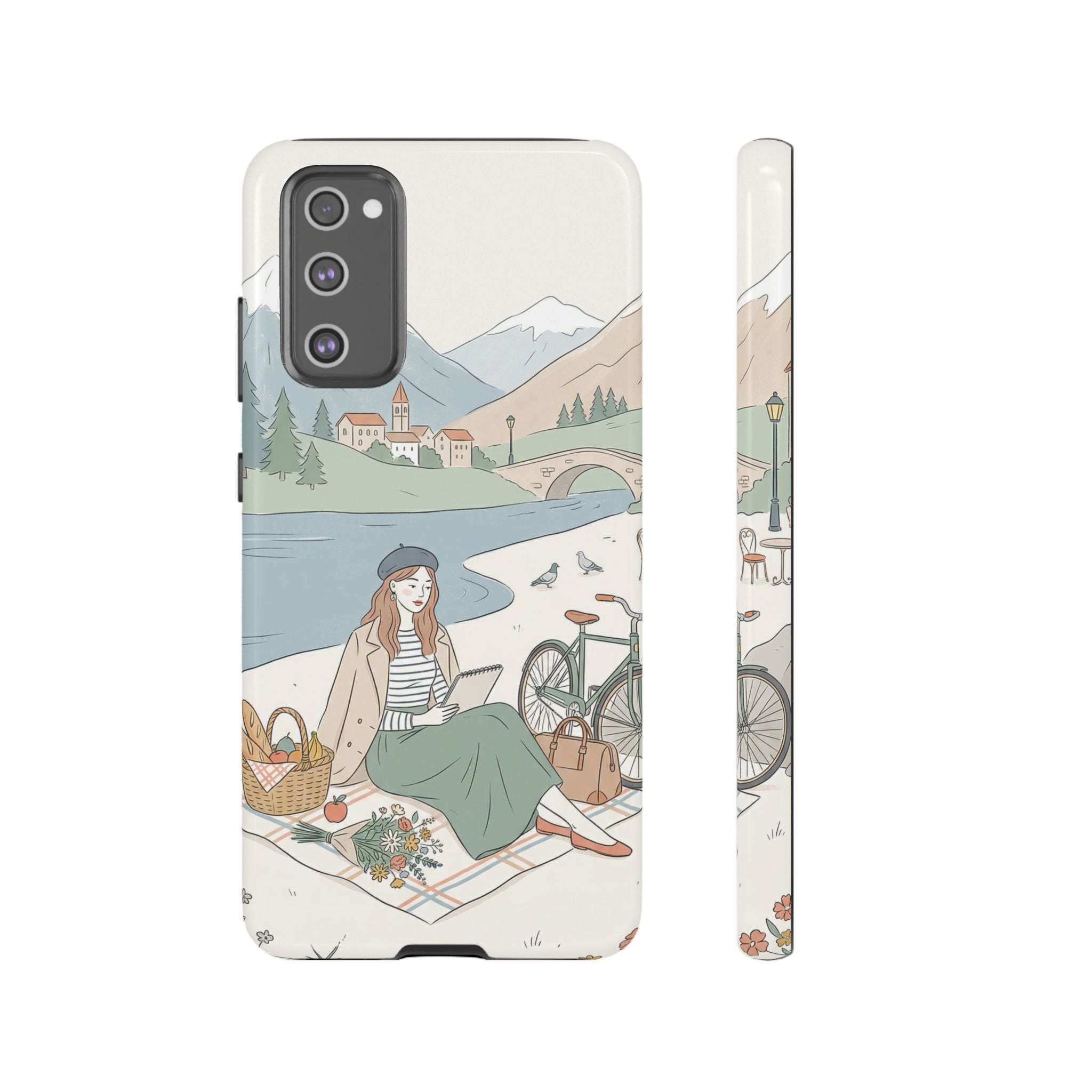 Scenic Picnic Samsung Galaxy Phone Case | Vintage Bicycle & Mountain Illustration