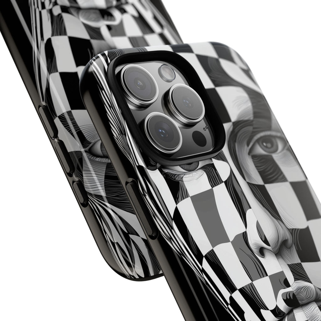 Checkerboard Face Tough iPhone Case — Black & White Surreal Art Protective Cover