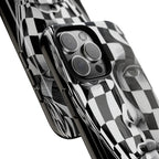 Checkerboard Face Tough iPhone Case — Black & White Surreal Art Protective Cover