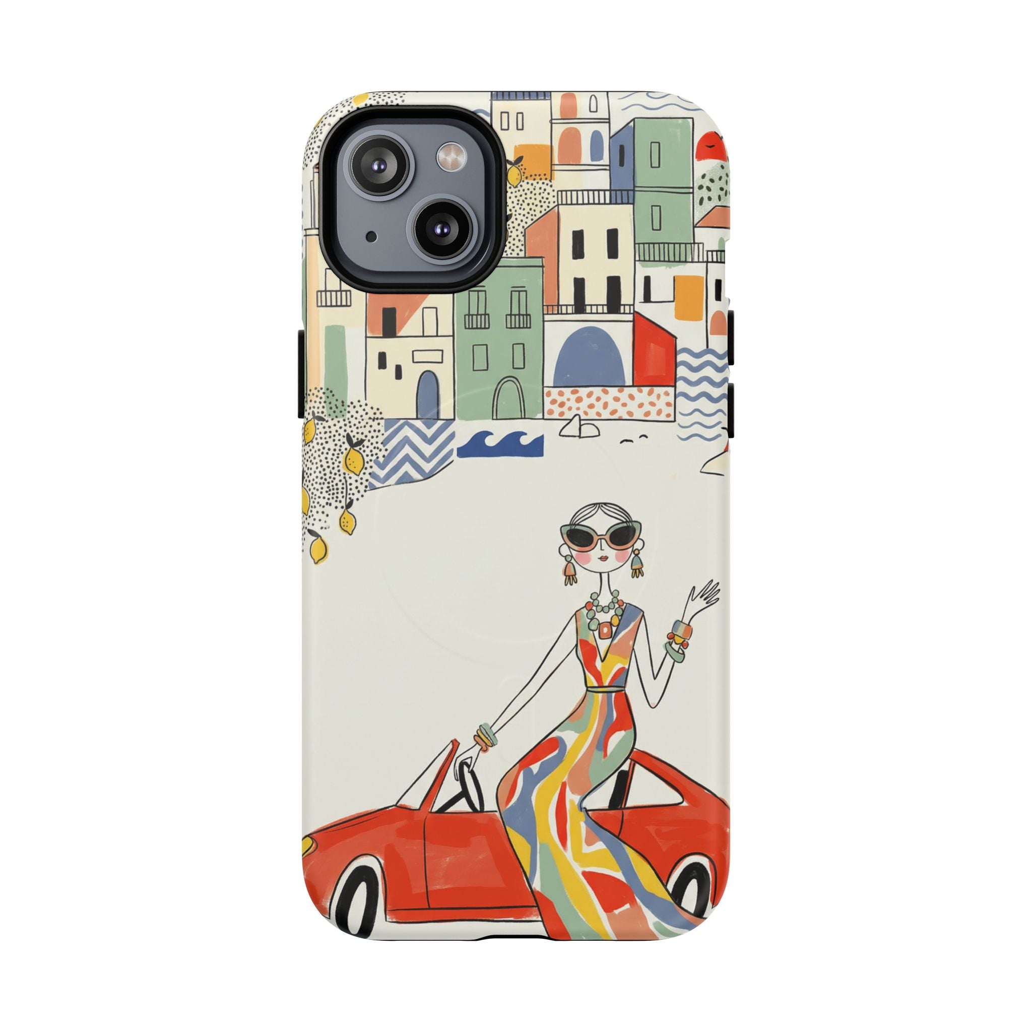 Stylish Riviera MagSafe iPhone Case | Chic Retro Woman in Convertible Design