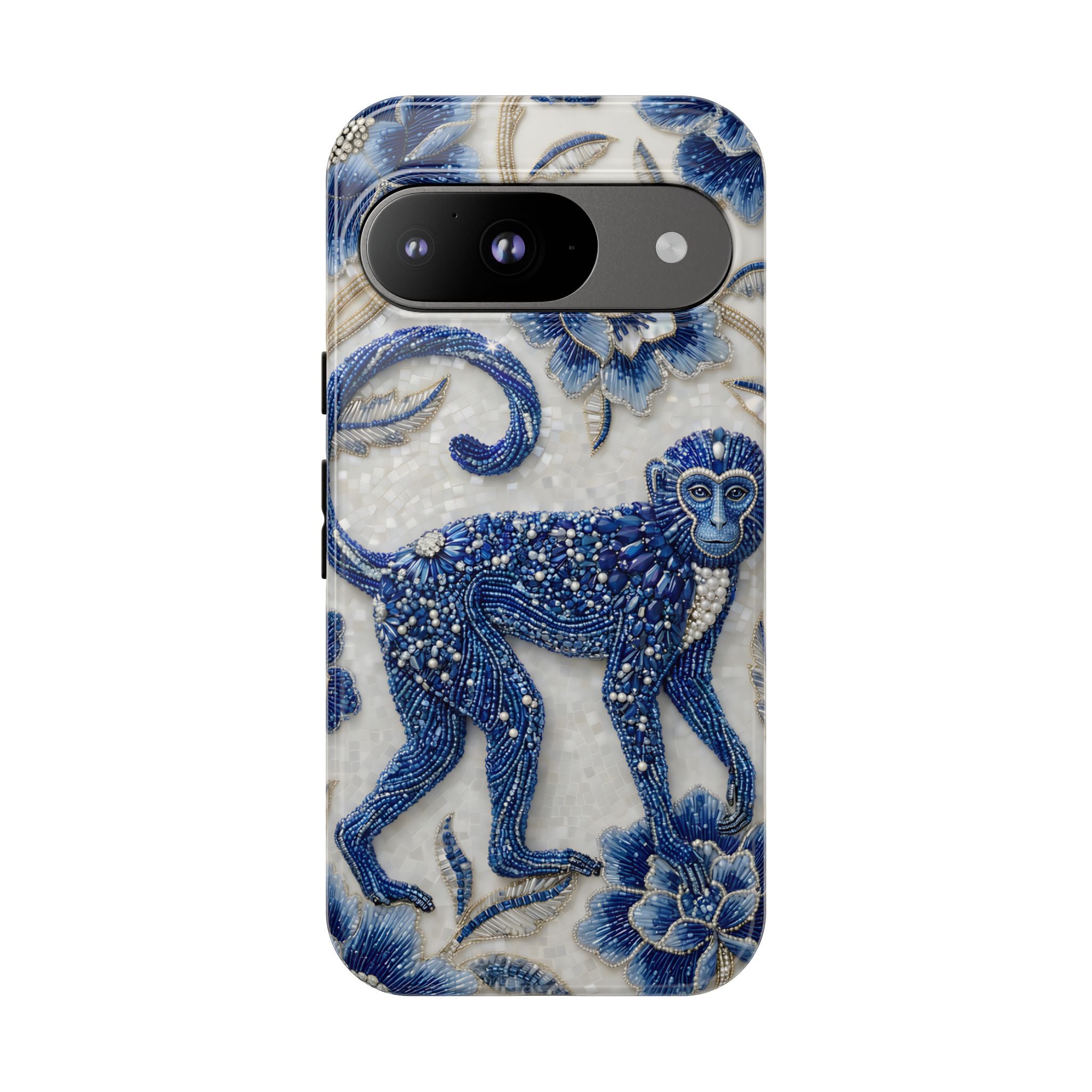 Custodia per telefono Google Pixel Scimmia Zodiaco Asiatico | Custodia protettiva artistica in porcellana blu e bianca | Regalo Anno della Scimmia