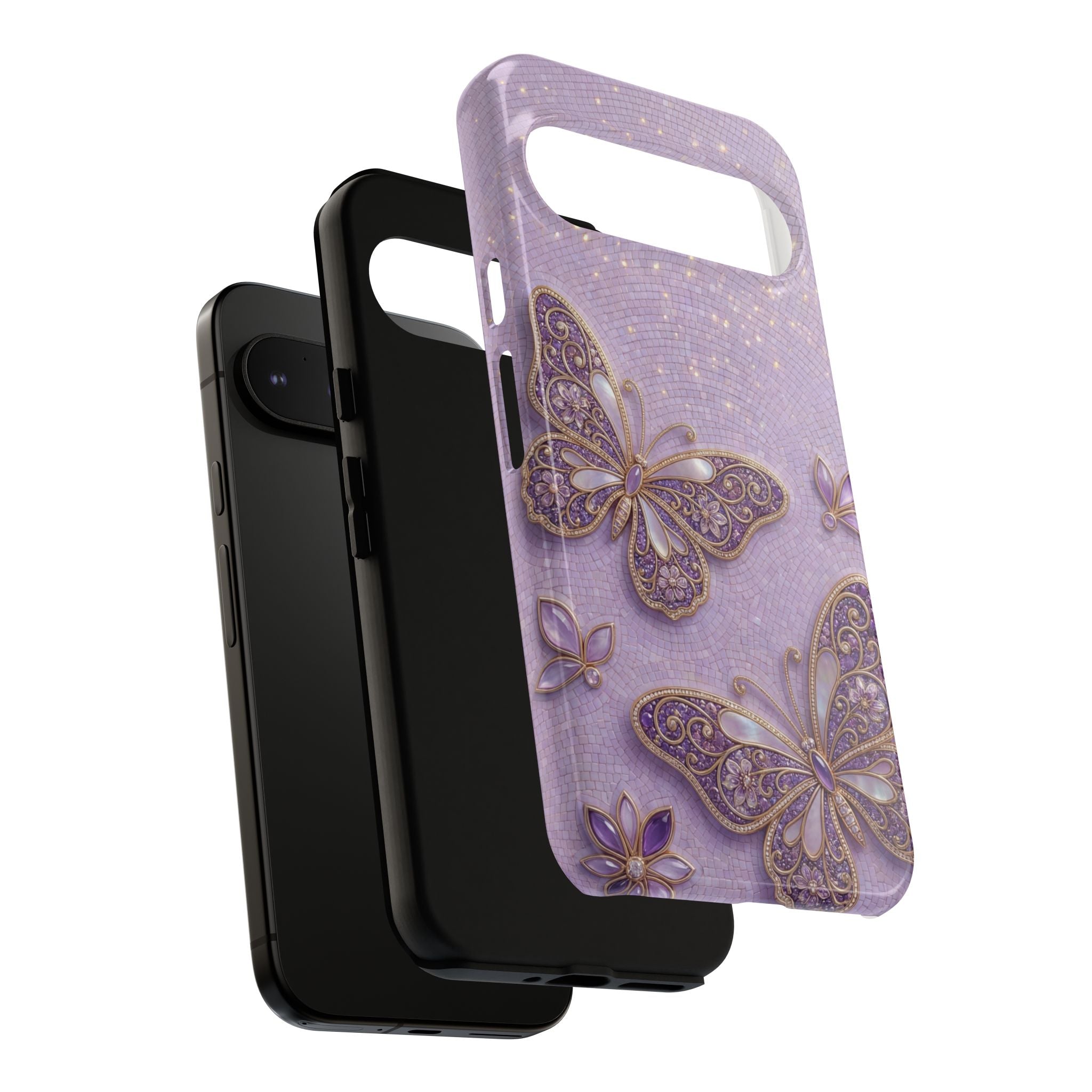 Purple Butterfly Tough Google Pixel Phone Case | Sparkling Floral Protective Cover