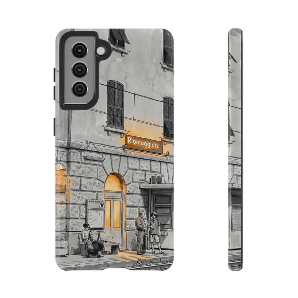 Custodia per Samsung Galaxy con stazione ferroviaria Cinque Terre | Schizzo in bianco e nero con accenti gialli caldi