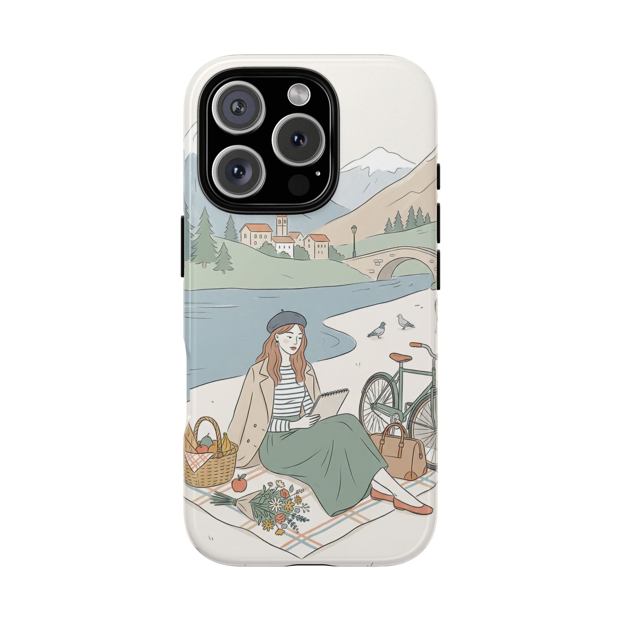 Scenic Picnic iPhone Case | Vintage Bicycle & Mountain Illustration