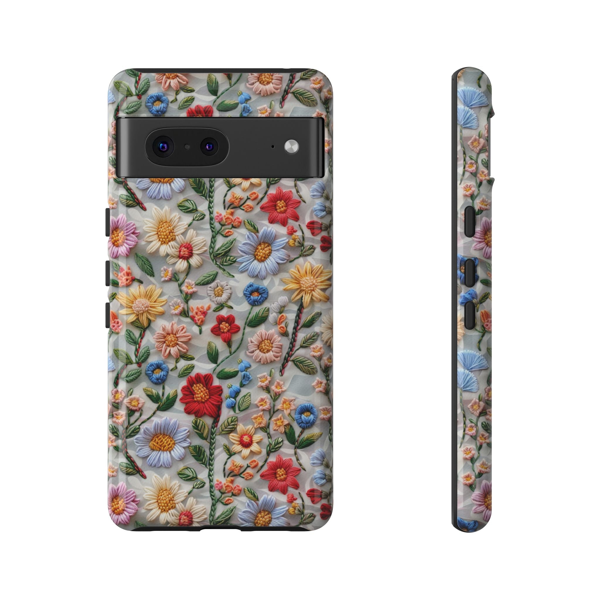 Floral Embroidered Pattern Tough Google Pixel Case — Colourful Daisy & Wildflower Design