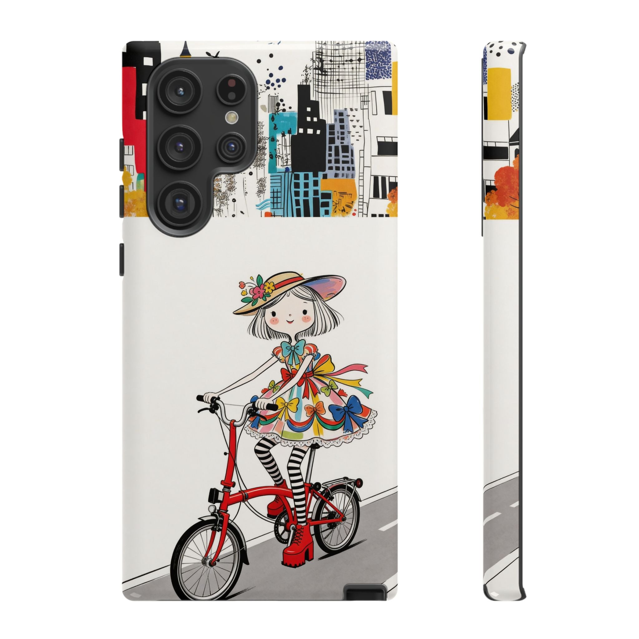 Whimsical Girl on Brompton Bicycle Urban Illustration Samsung Galaxy Phone Case