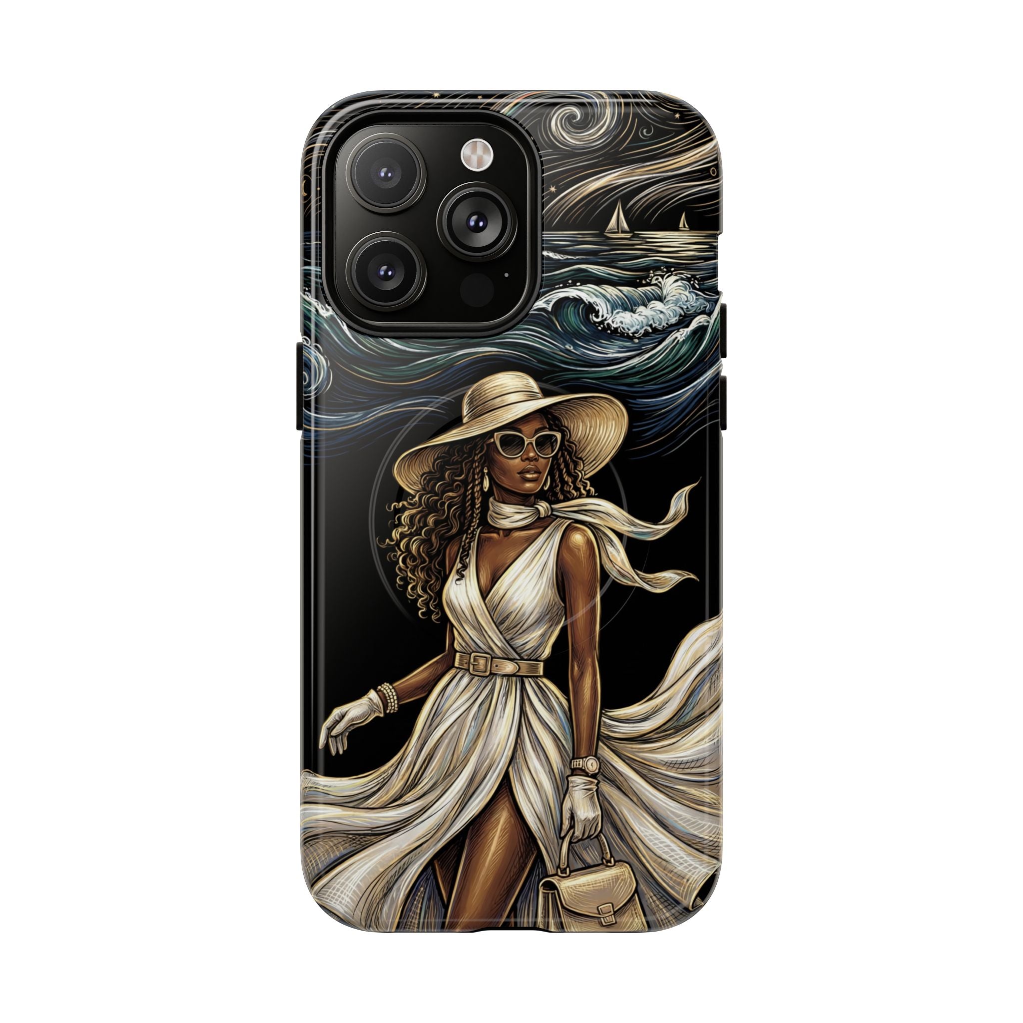 MagSafe iPhone Case | Elegant Black Woman in Flowing Dress by the Sea