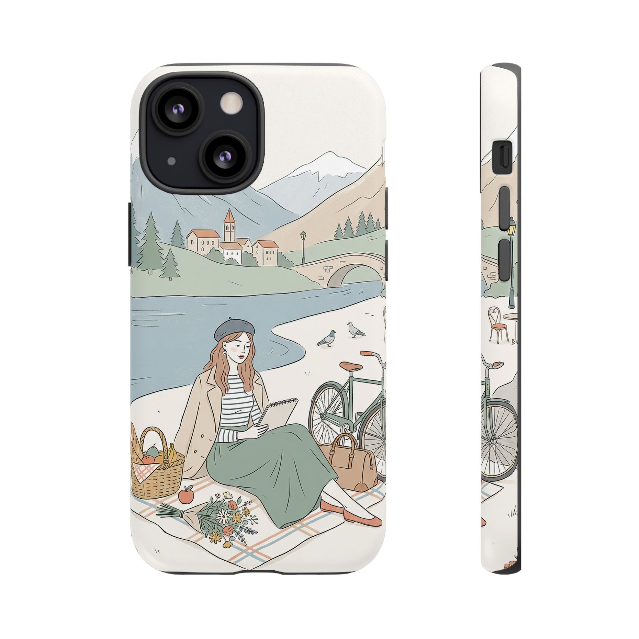 Scenic Picnic iPhone Case | Vintage Bicycle & Mountain Illustration