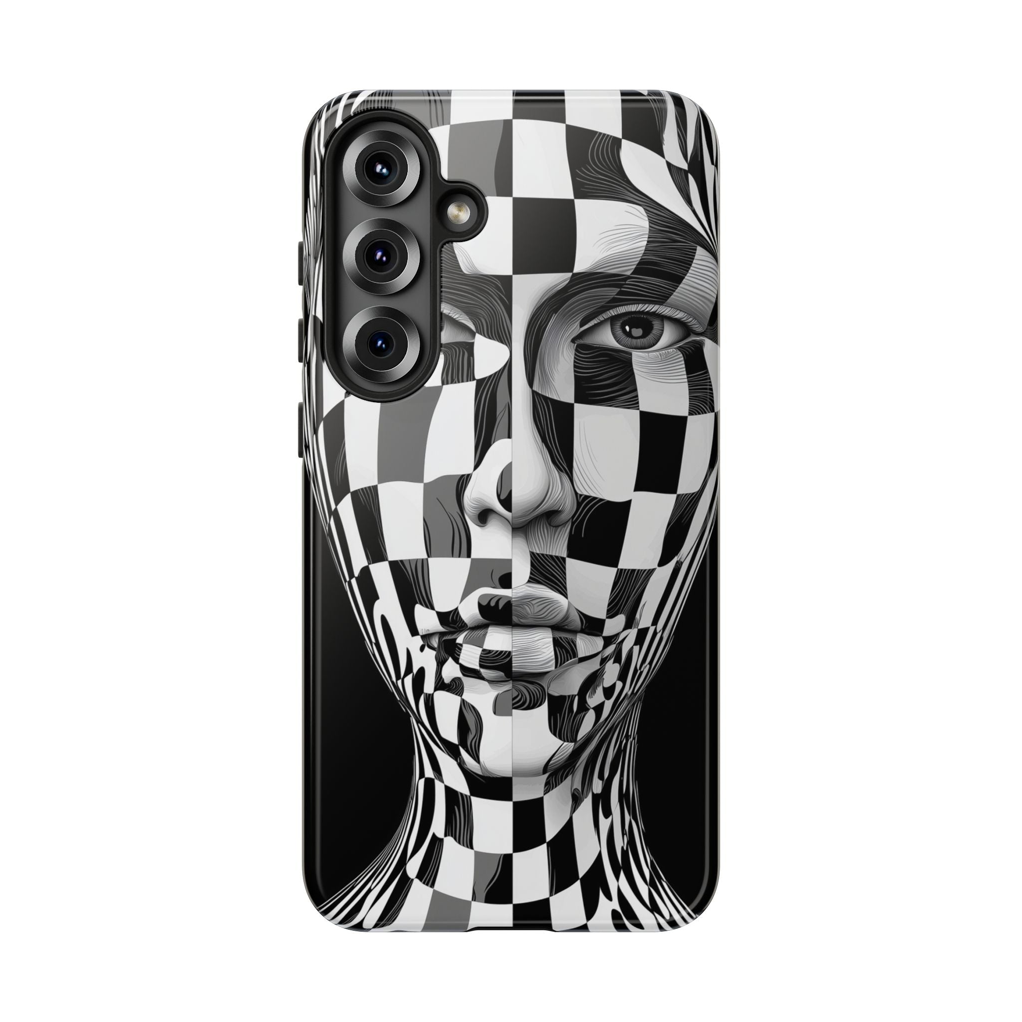 Checkerboard Face Tough Samsung Galaxy Case — Black & White Surreal Art Protective Cover