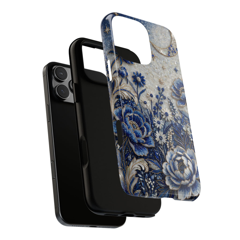 Cover iPhone Luna Floreale Blu | Custodia Protettiva Vintage Motivo Botanico Notturno