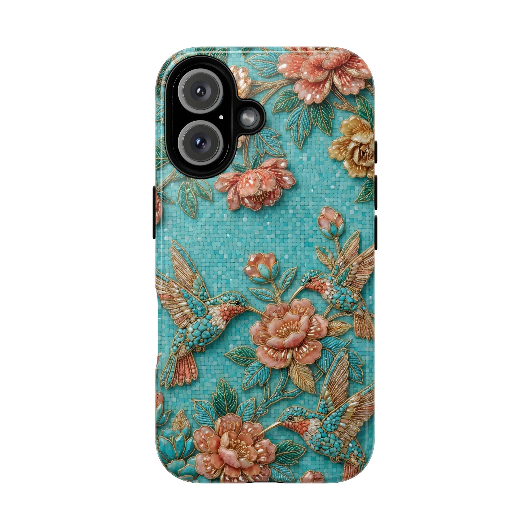 Floral Hummingbird Tough MagSafe iPhone Case | Turquoise Embroidered Garden Design