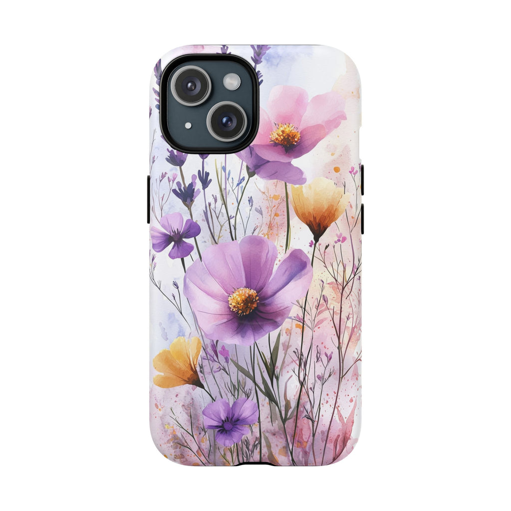 Custodia MagSafe resistente per iPhone con motivo acquerello floreale | Fiori di campo viola e gialli