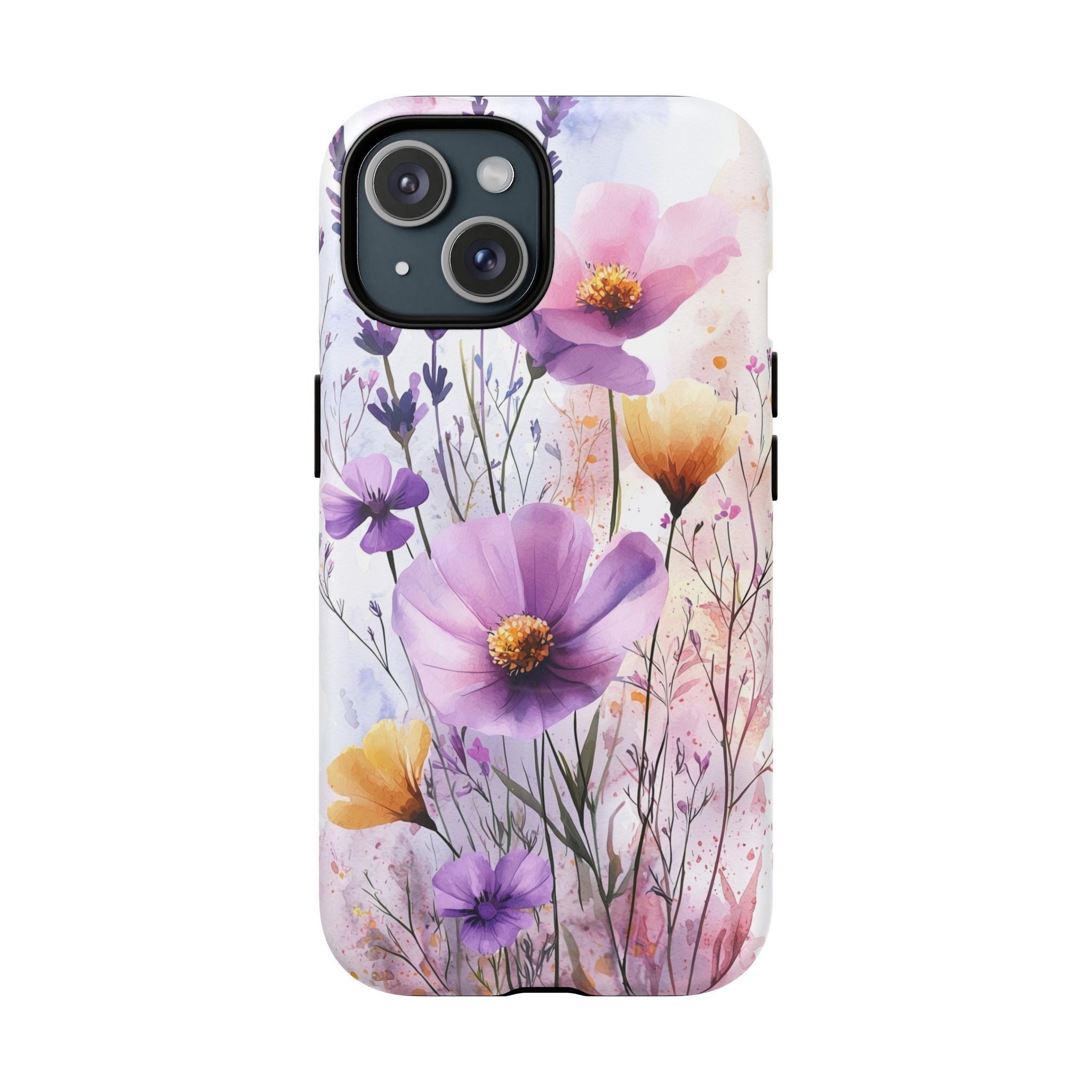 Custodia MagSafe resistente per iPhone con motivo acquerello floreale | Fiori di campo viola e gialli