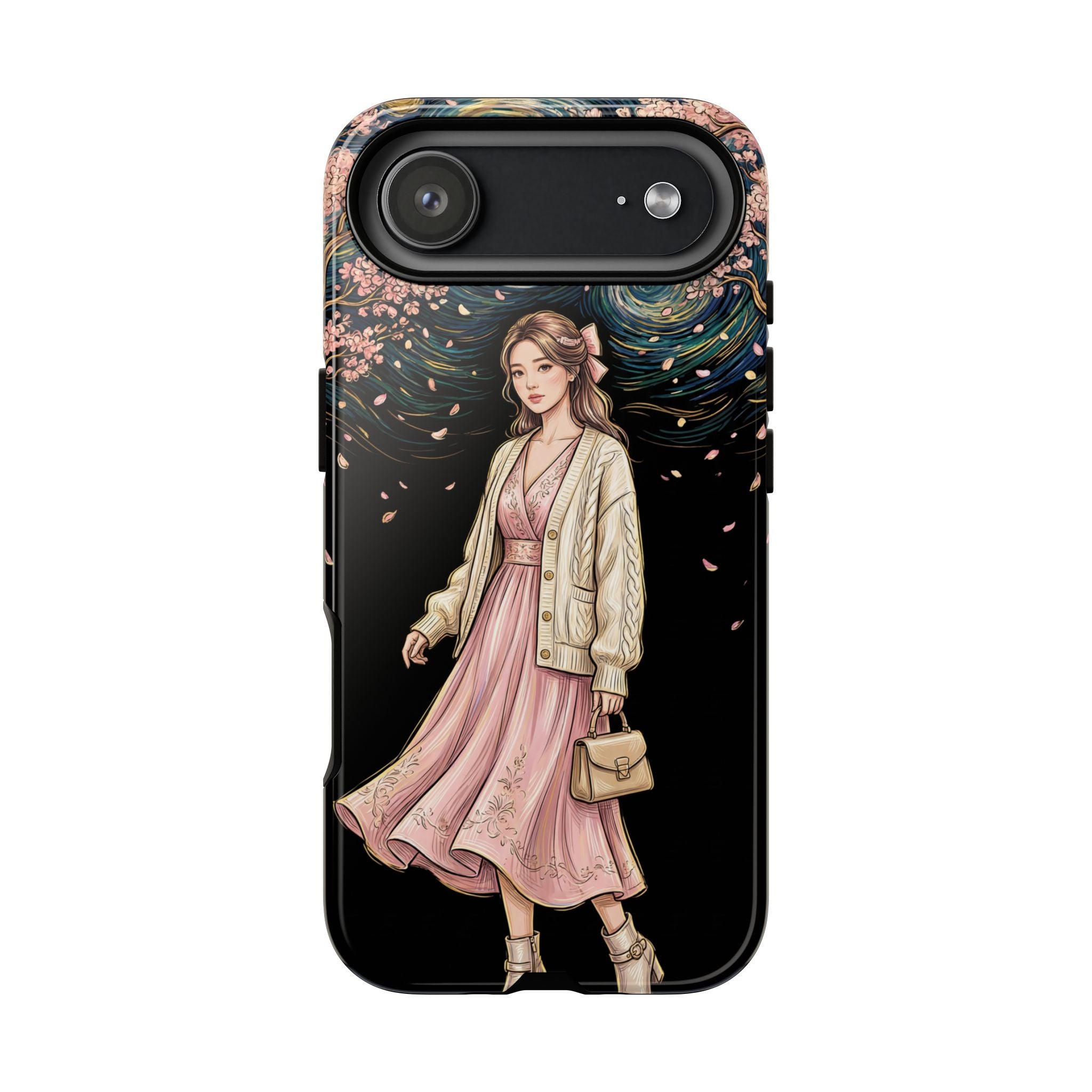 Floral Starry Night iPhone Case | Elegant Girl in Pink Dress