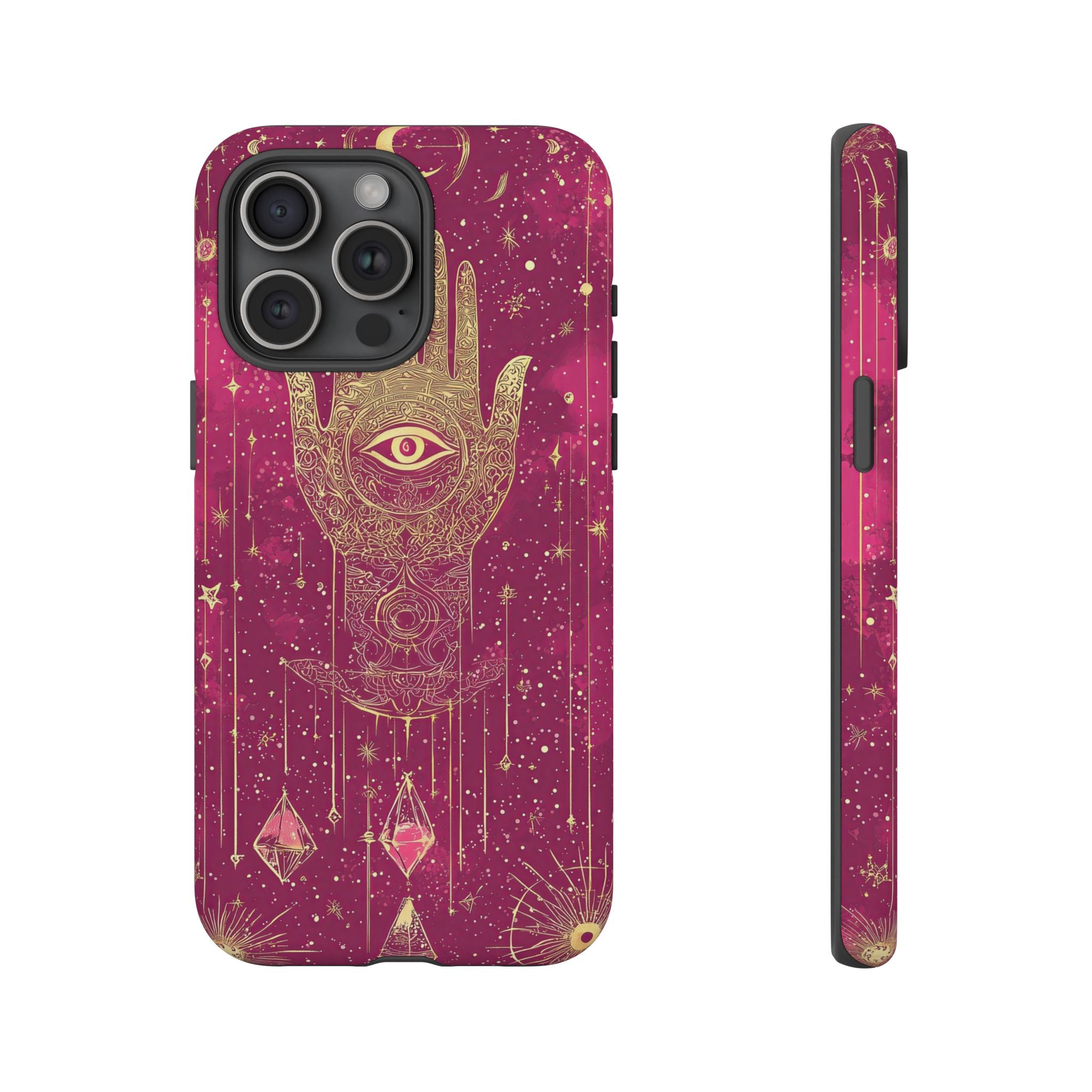 Mystic Hamsa iPhone Case | Gold Palm & All-Seeing Eye on Magenta Galaxy