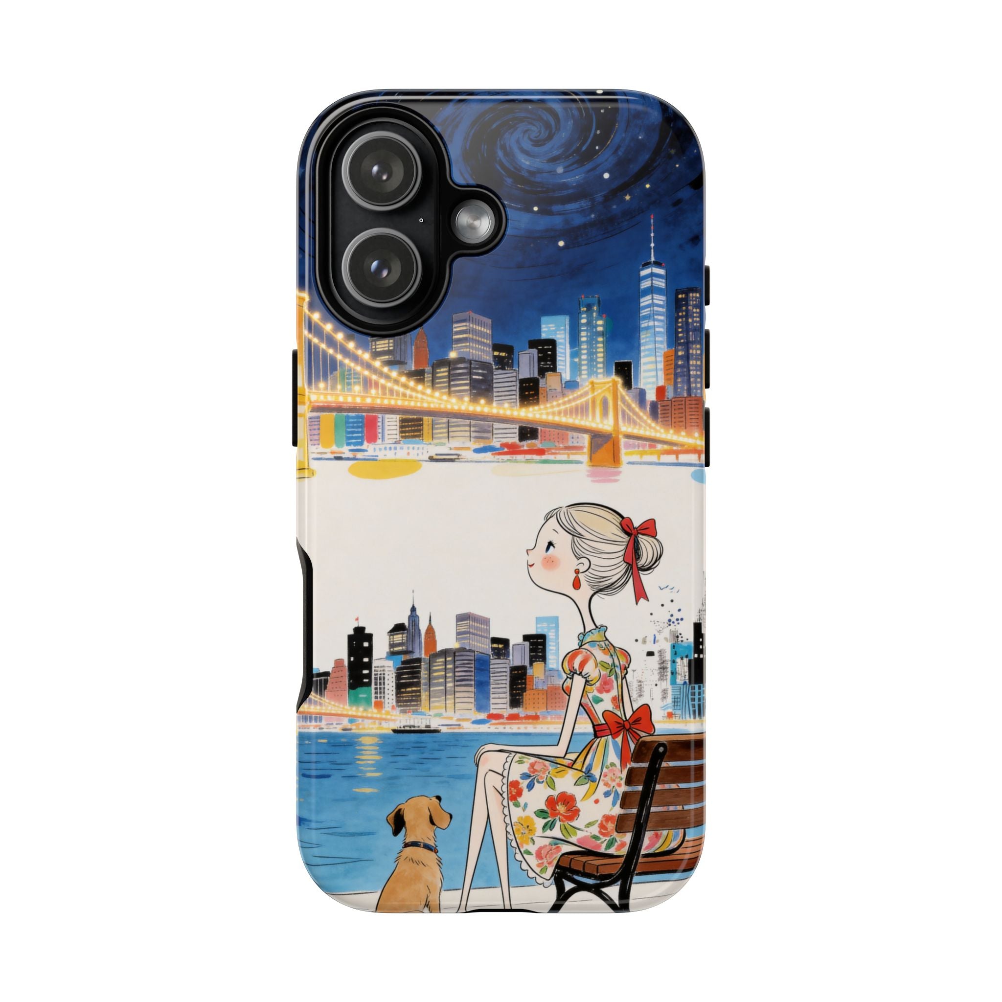 City Night iPhone Case | Cute Girl & Dog Bench Illustration
