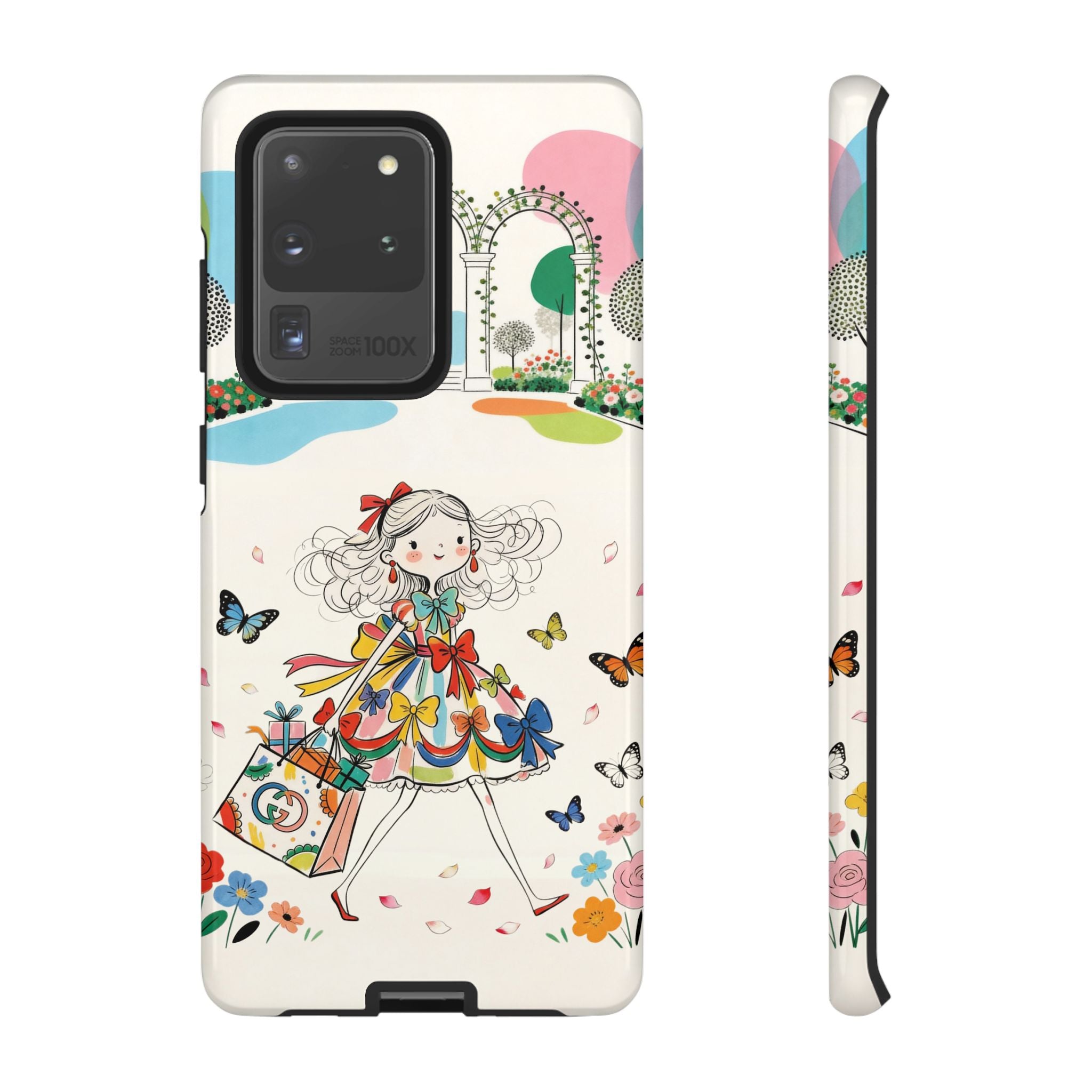 Whimsical Shopping Girl Samsung Galaxy Phone Case | Cute Floral Butterfly Tough Case