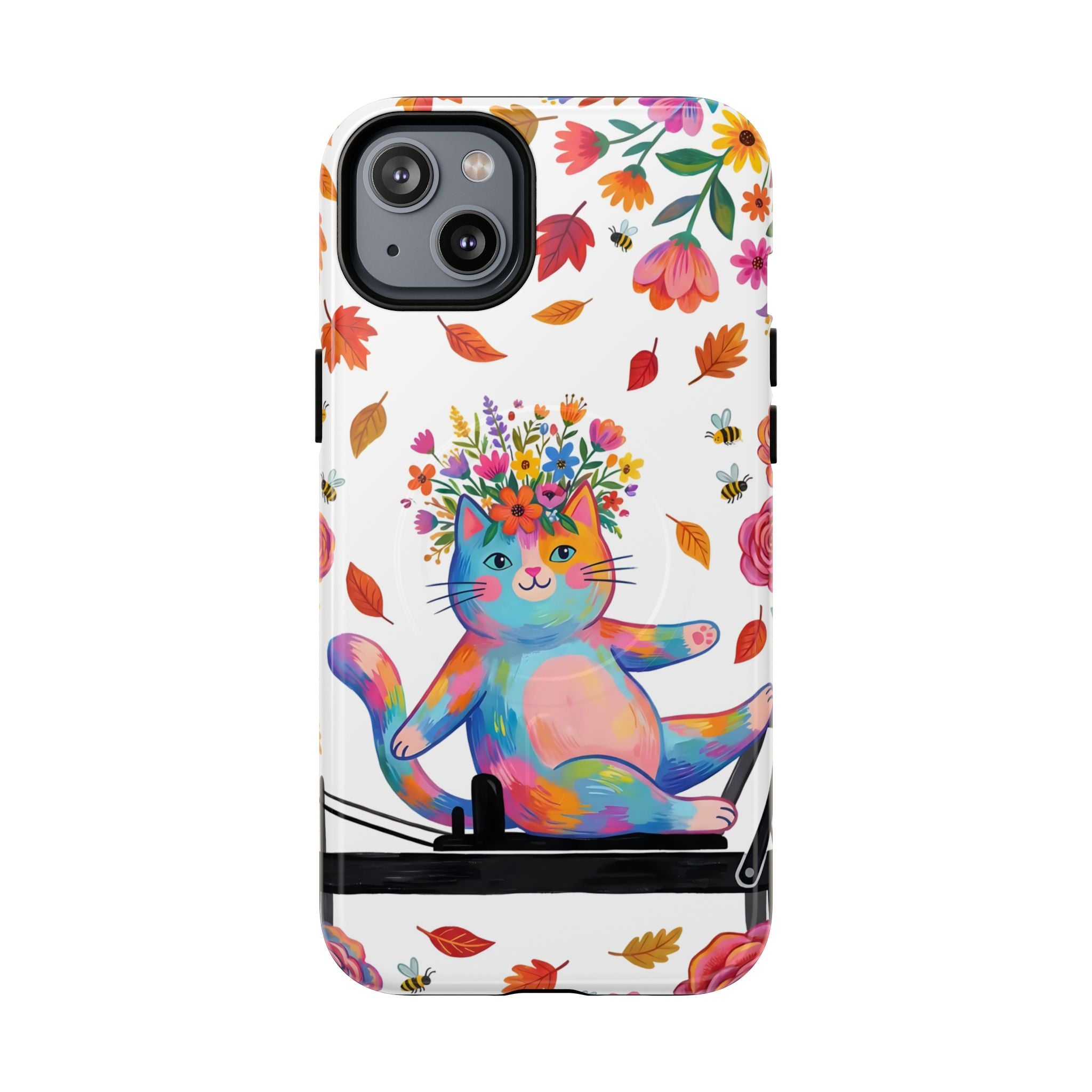 Colorful Floral Cat on Pilates Reformer Protective MagSafe iPhone Case