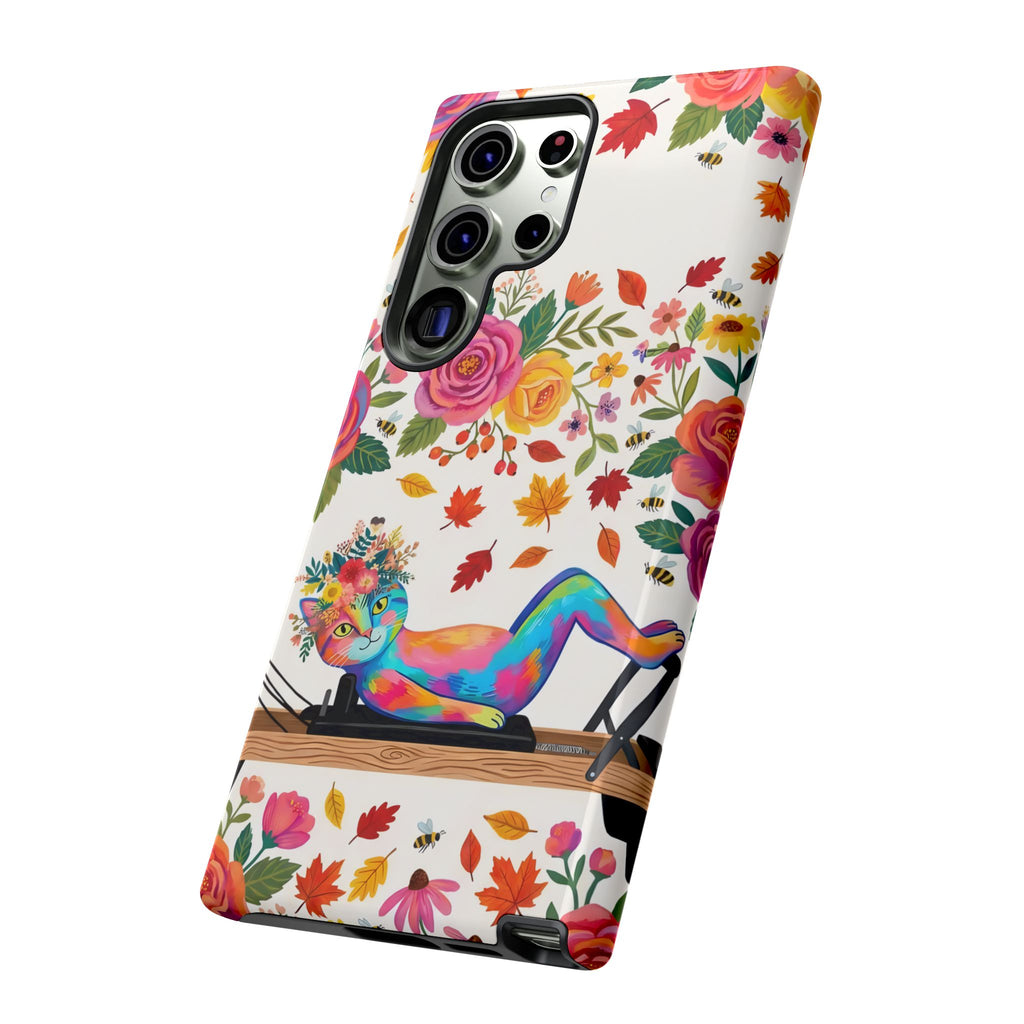 Autumn Floral Pilates Samsung Galaxy Phone Case | Colorful Rainbow Pilates Figure on Falling Leaves