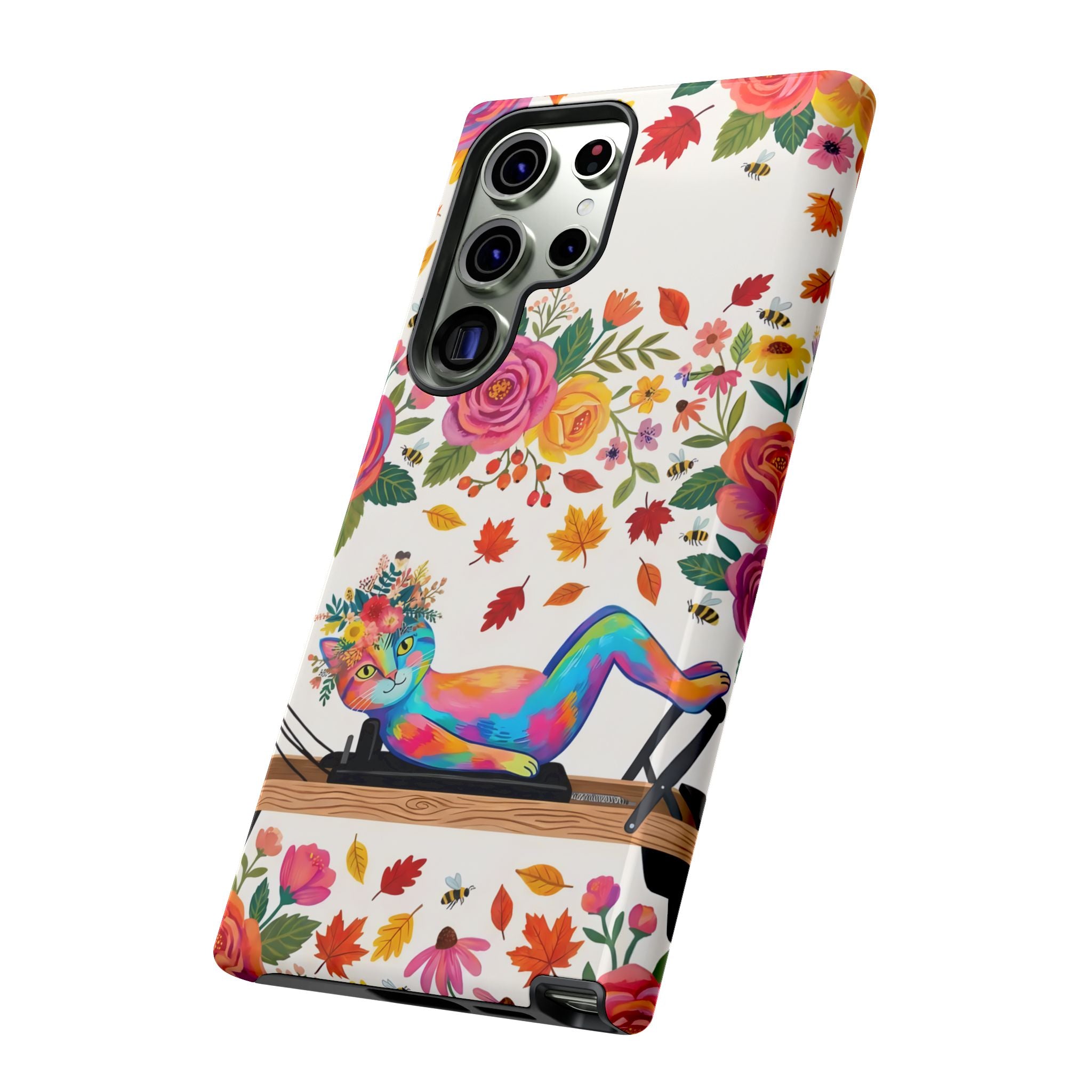 Autumn Floral Pilates Samsung Galaxy Phone Case | Colorful Rainbow Pilates Figure on Falling Leaves