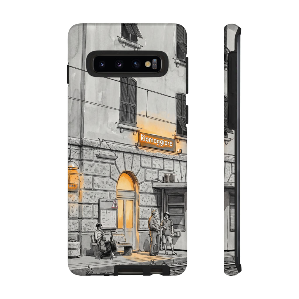 Custodia per Samsung Galaxy con stazione ferroviaria Cinque Terre | Schizzo in bianco e nero con accenti gialli caldi