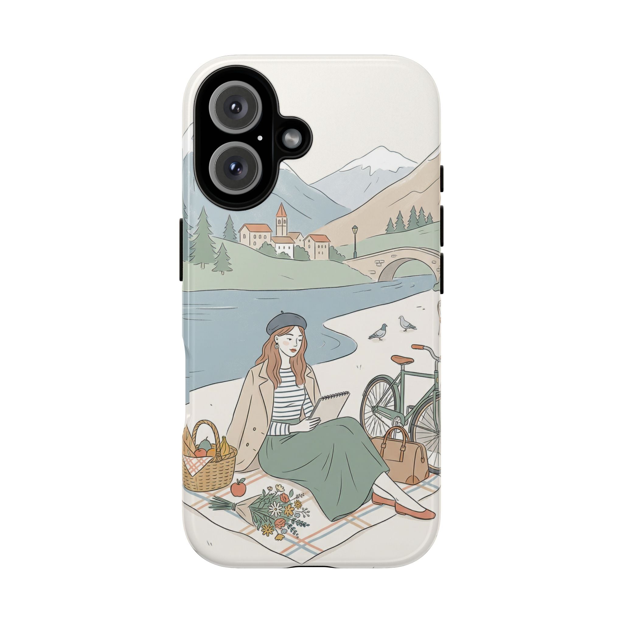 Scenic Picnic iPhone Case | Vintage Bicycle & Mountain Illustration