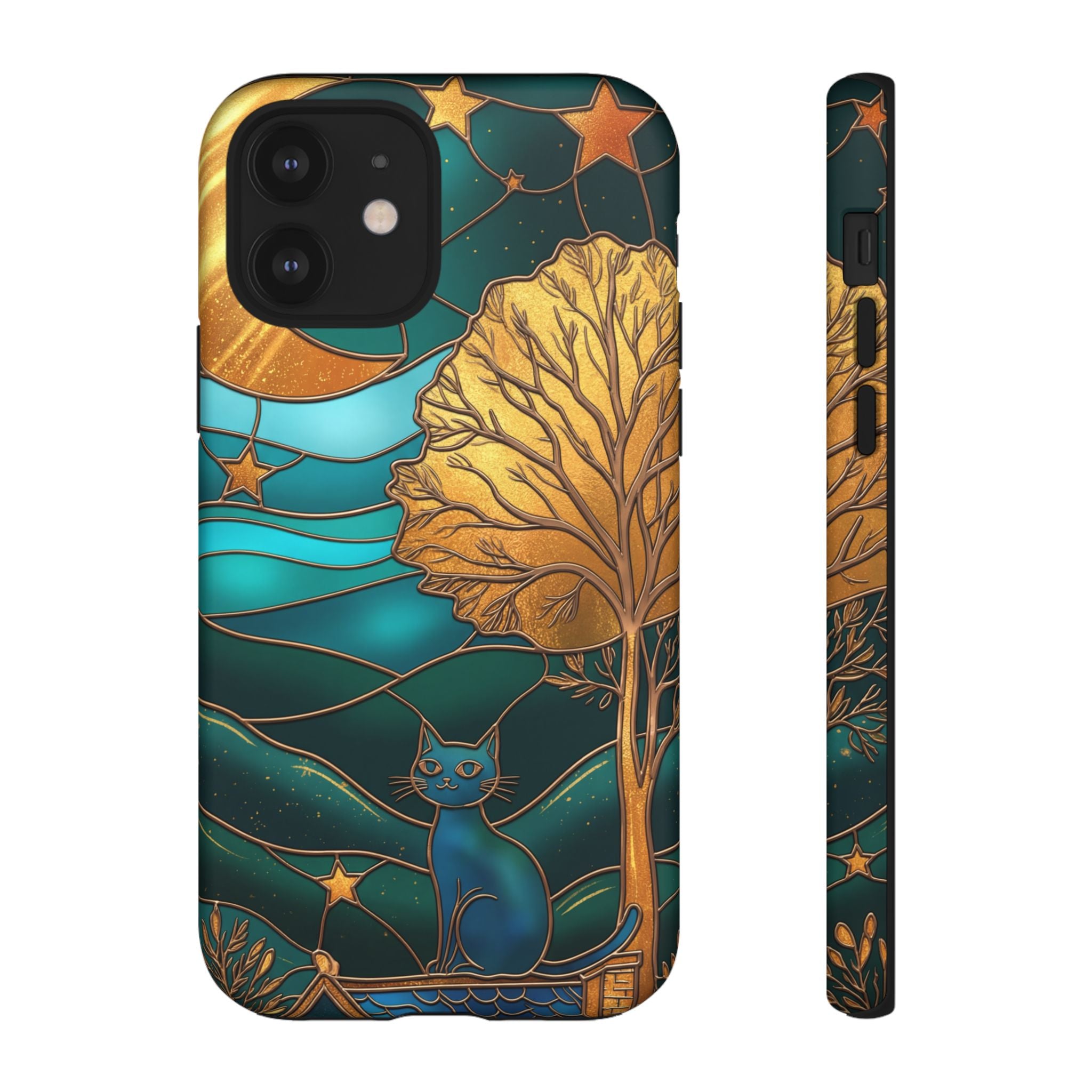 Stained Glass Cat Tough iPhone Case — Gold Tree & Starry Night Design