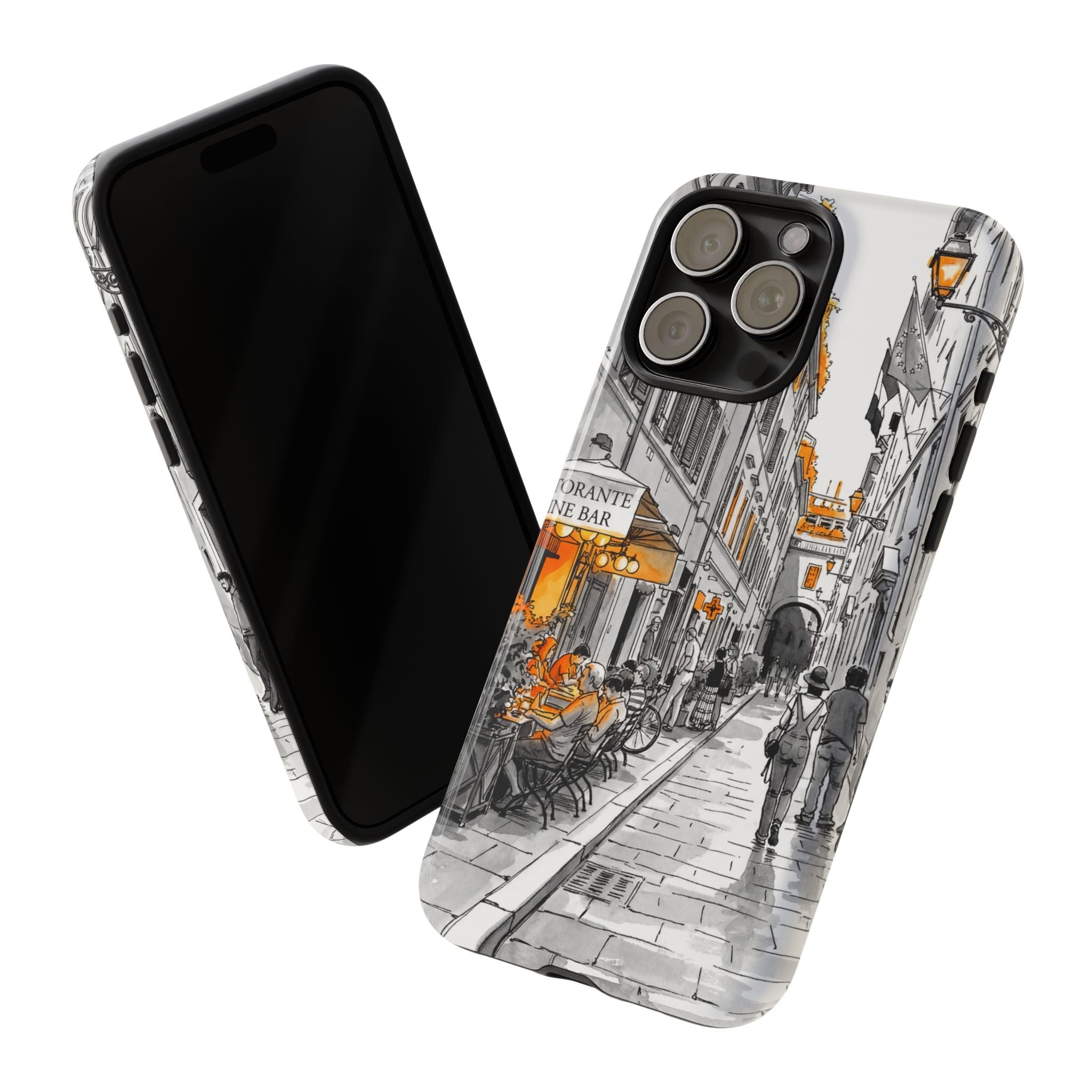 Custodia per iPhone Vintage Italy Street | Schizzo in bianco e nero con dettagli arancioni